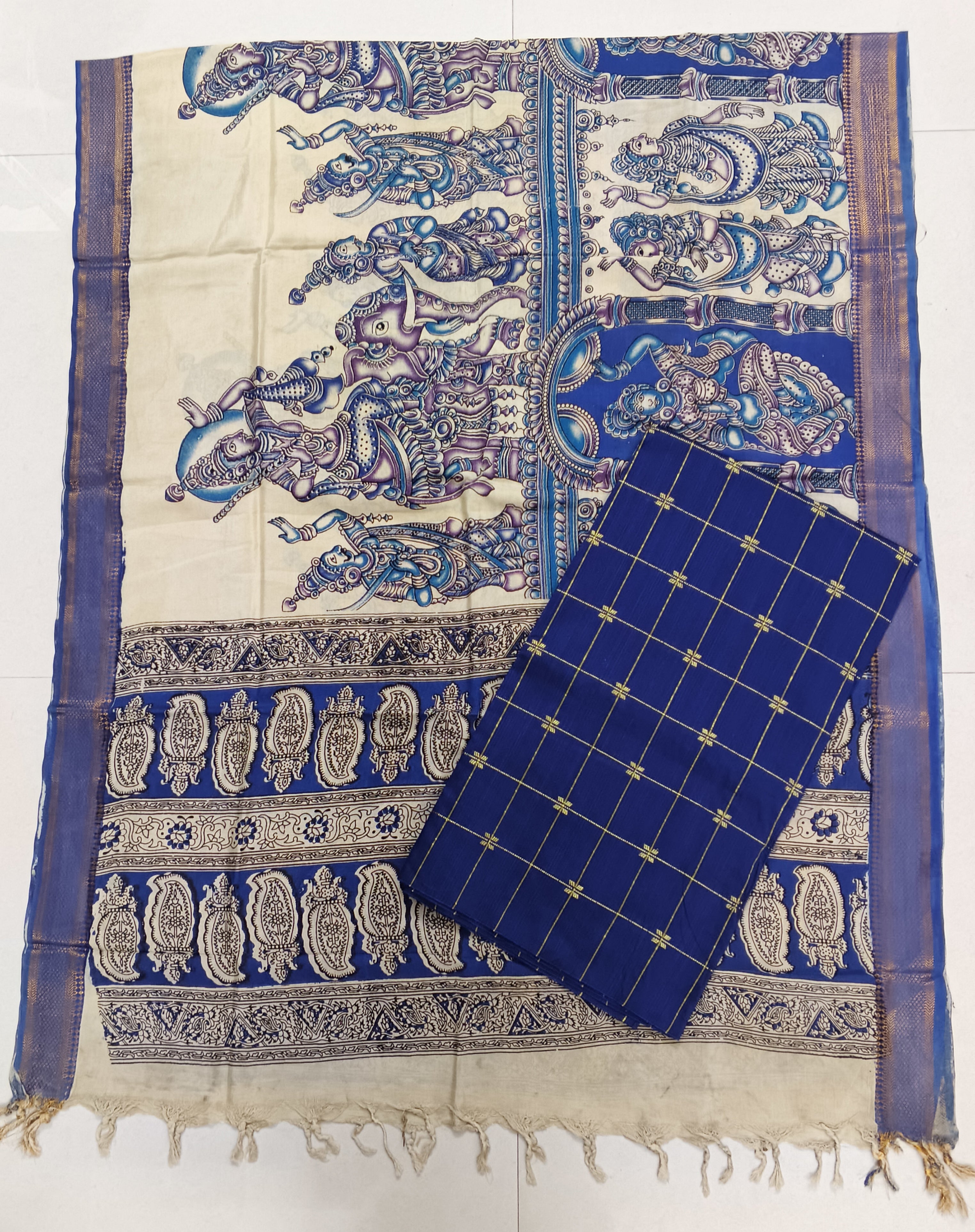 royal blue chennuri silk duppata with raw silk top