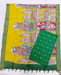 yellow with green chennuri silk duppata with raw silk top