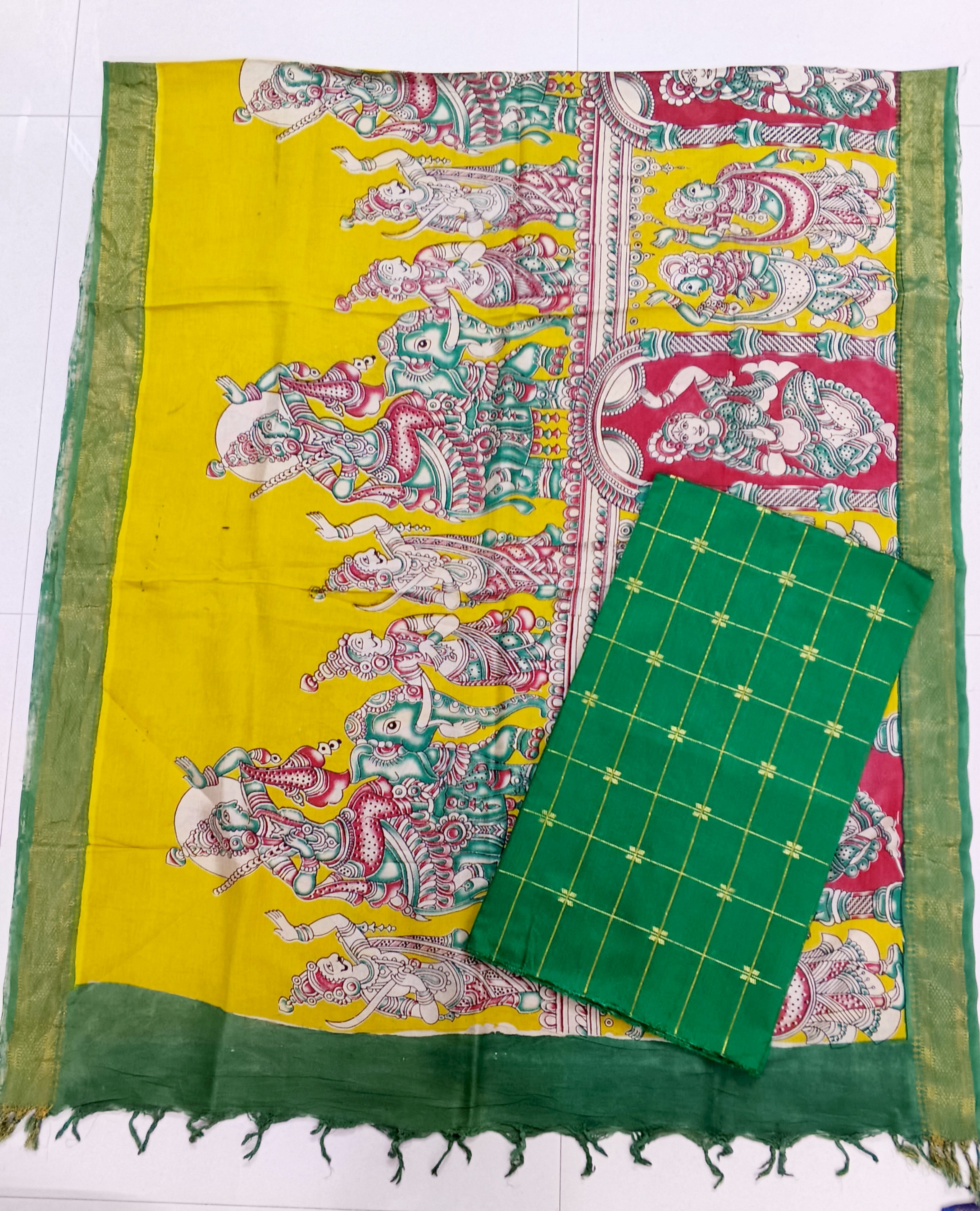 yellow with green chennuri silk duppata with raw silk top