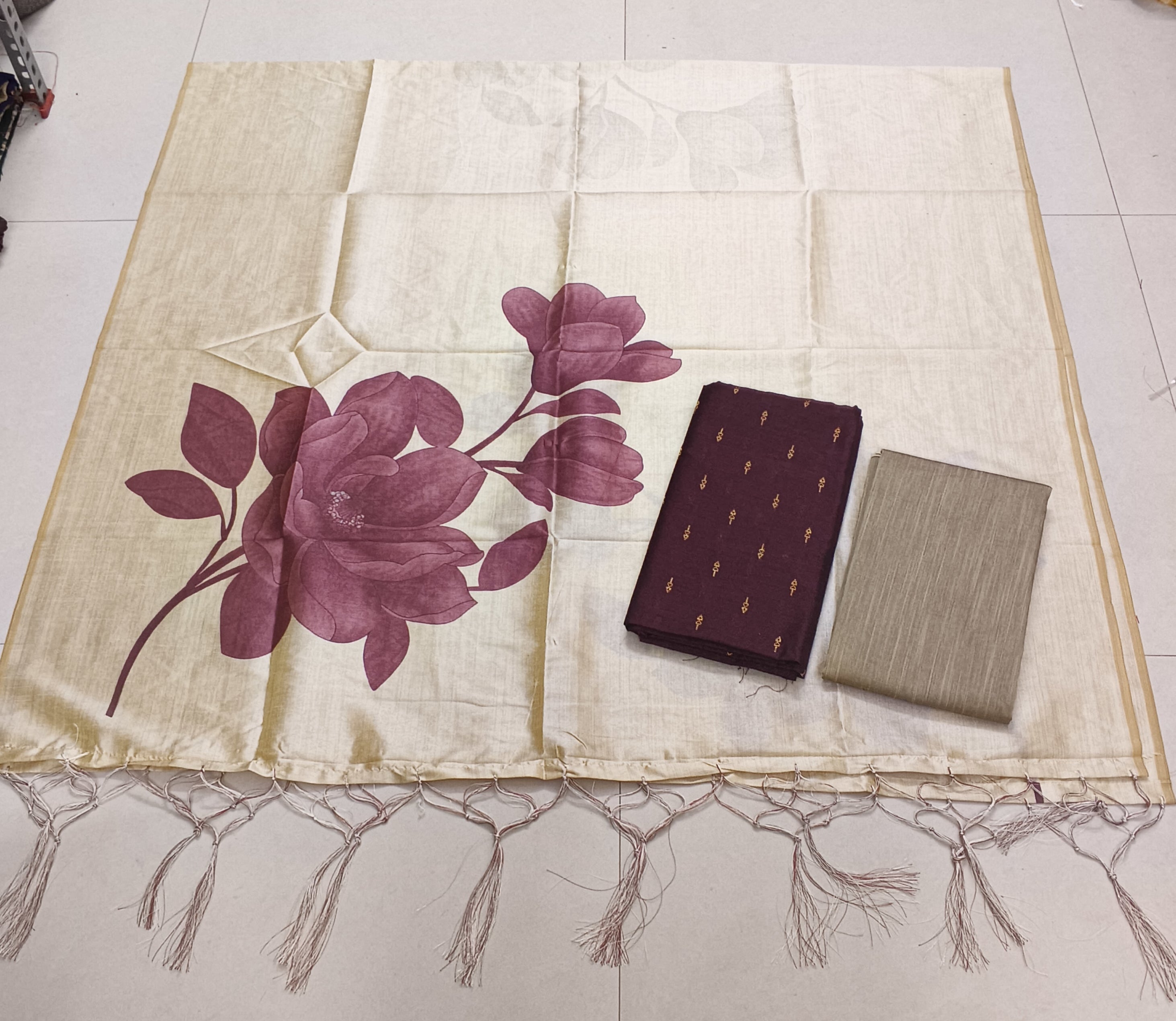 dark brown raw silk top big flower motif assam silk duppata 3 piece set