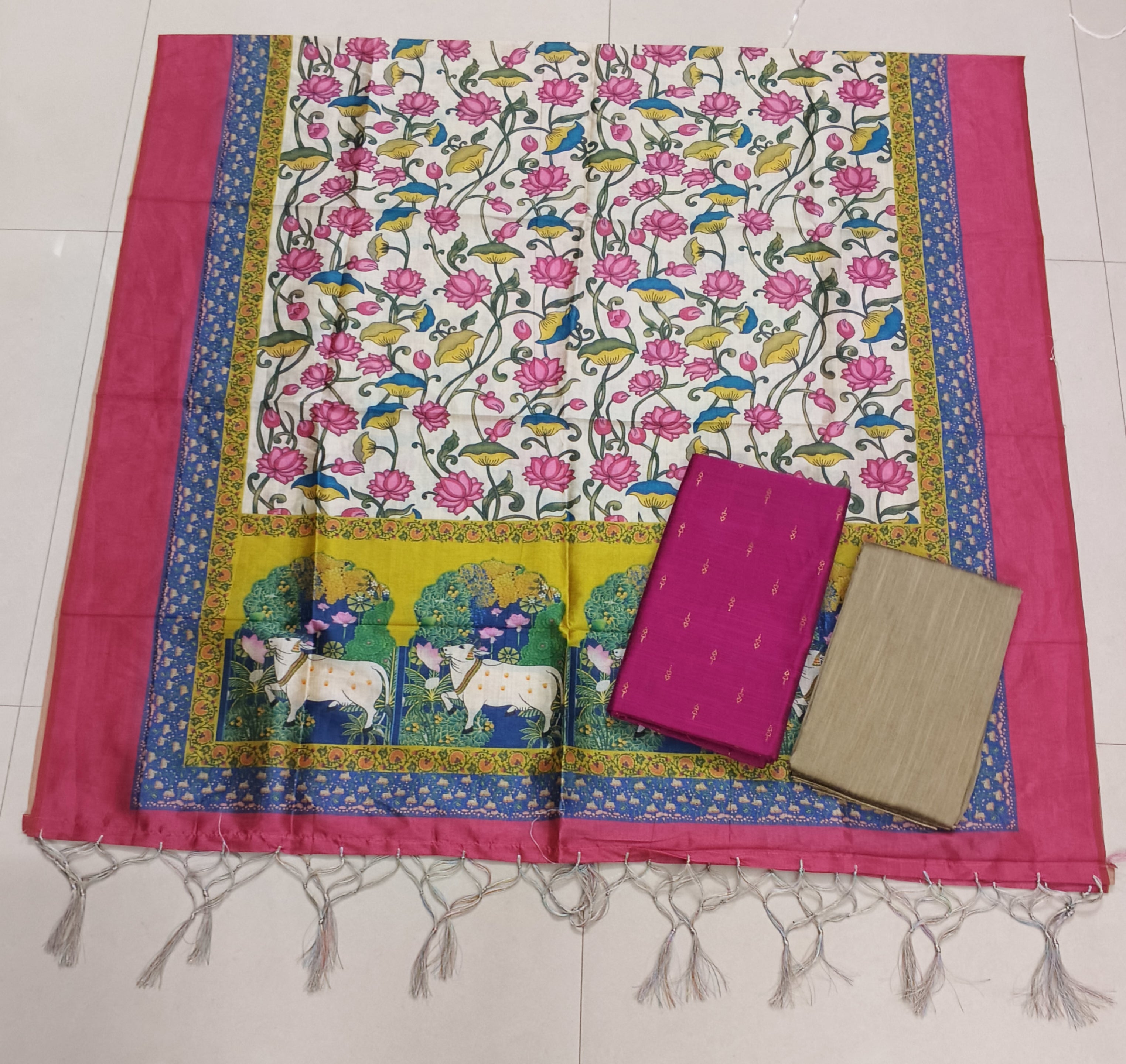 peech colour top with floral design assam silk duppata