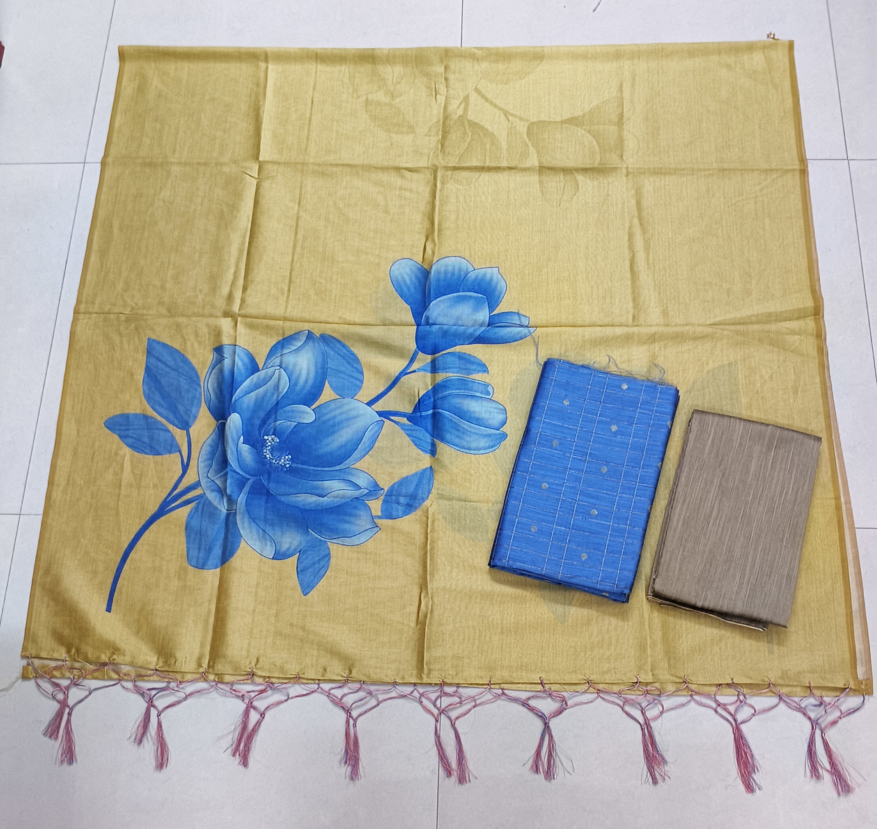 sky blue raw silk top with big flowermotif assam silk duppata 3 piece set