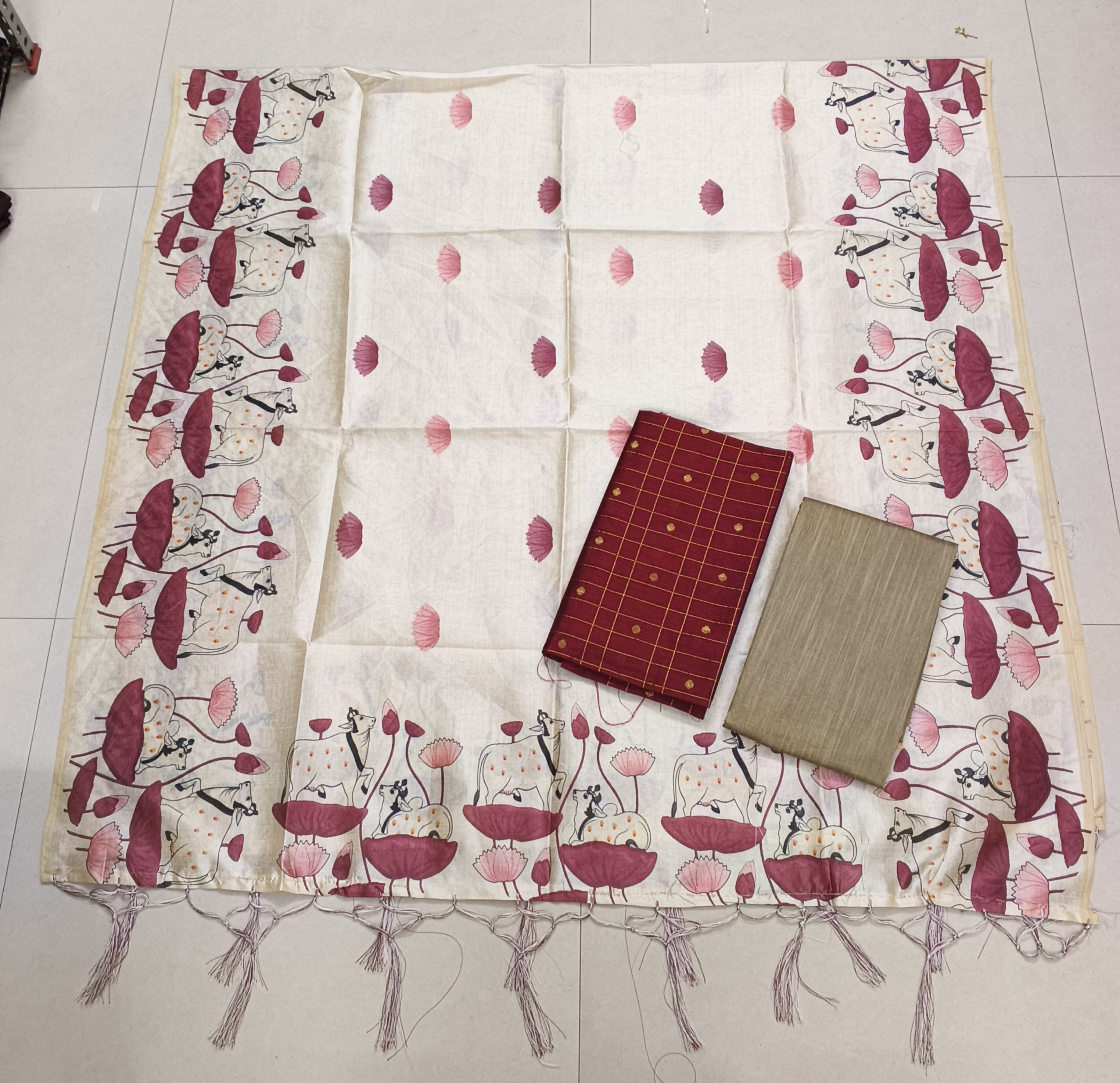 marron raw silk top with pitchwai motif assam silk duppata 3 piece set