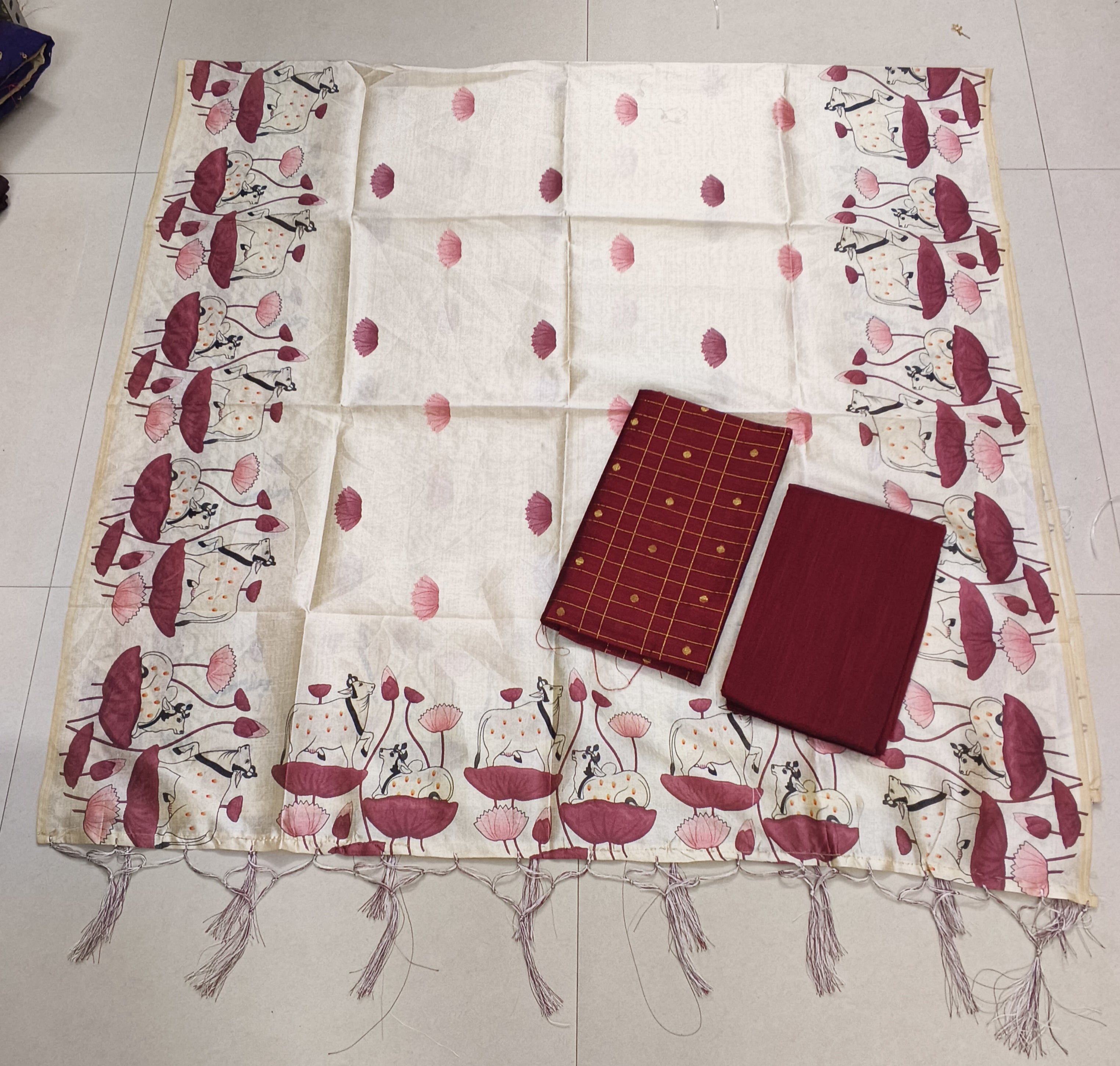 marron raw silk top with pitchwai mothif assam silk duppata 3 piece set
