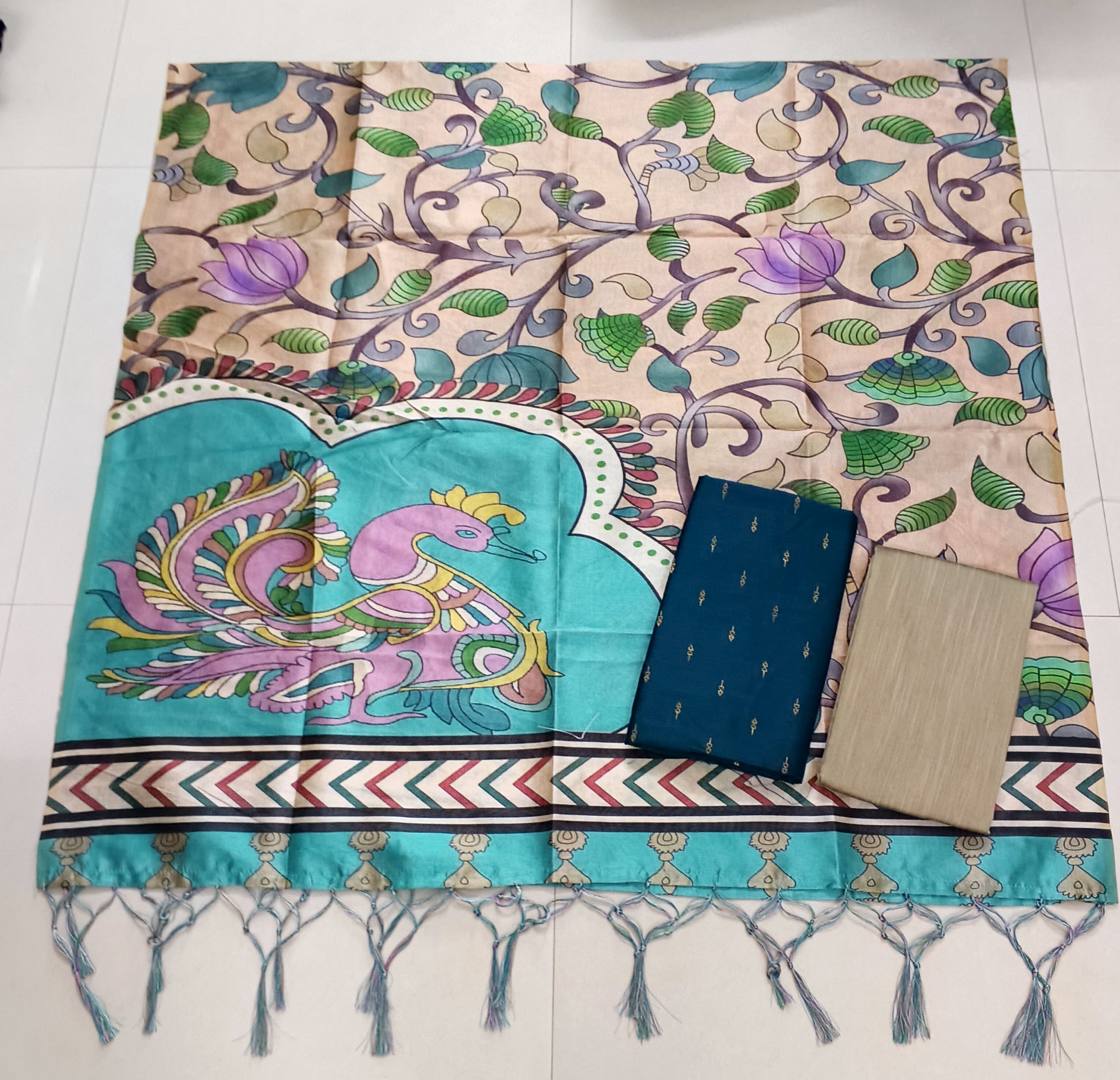 peocock blue raw silk top with annam mothif assam silk duppata 3 piece set