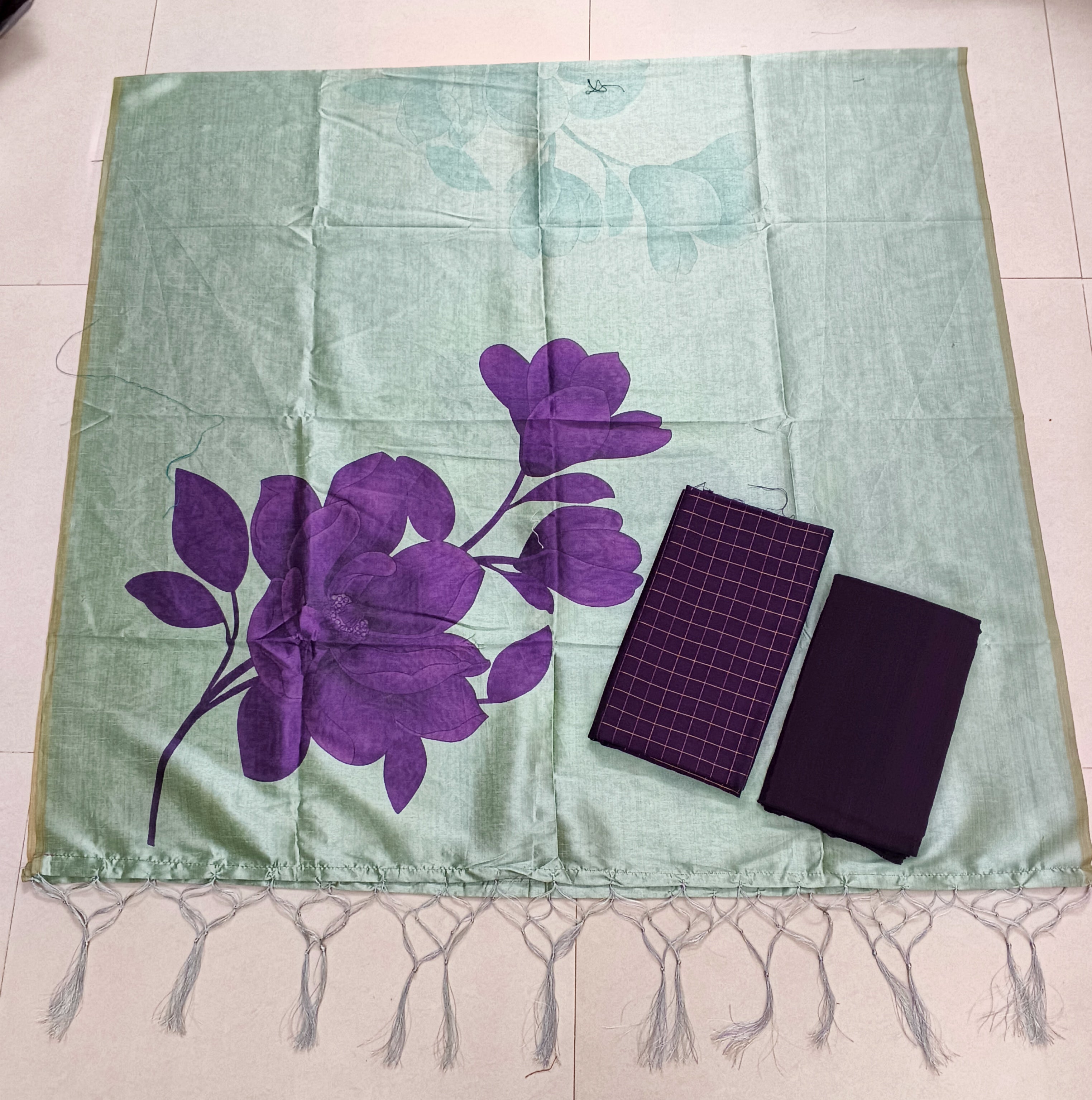 dark purple raw silk top with big flower mothif assam silk duppata