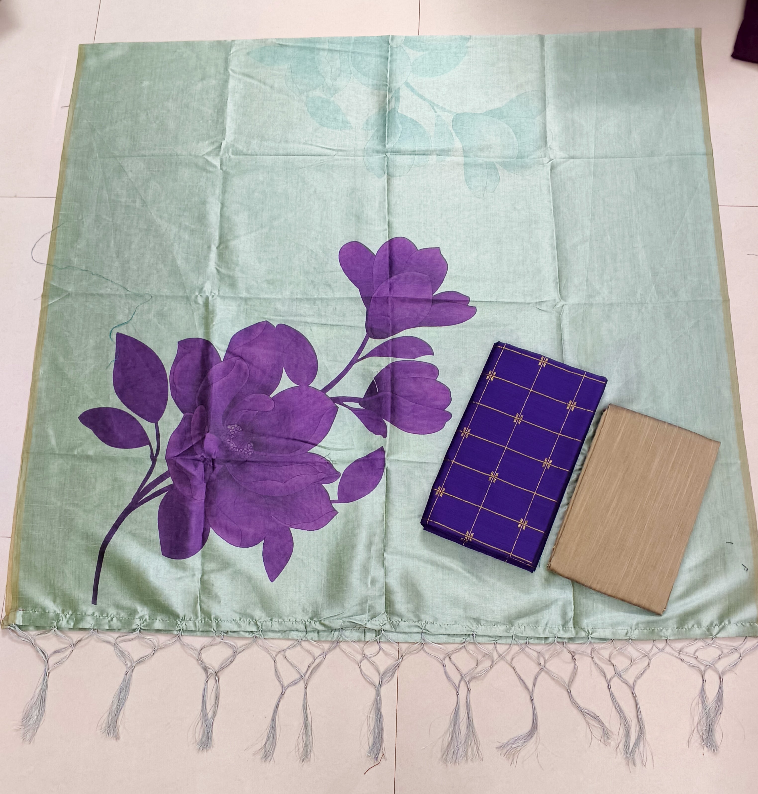 purple raw silk top with big flower mothif assam silk duppata