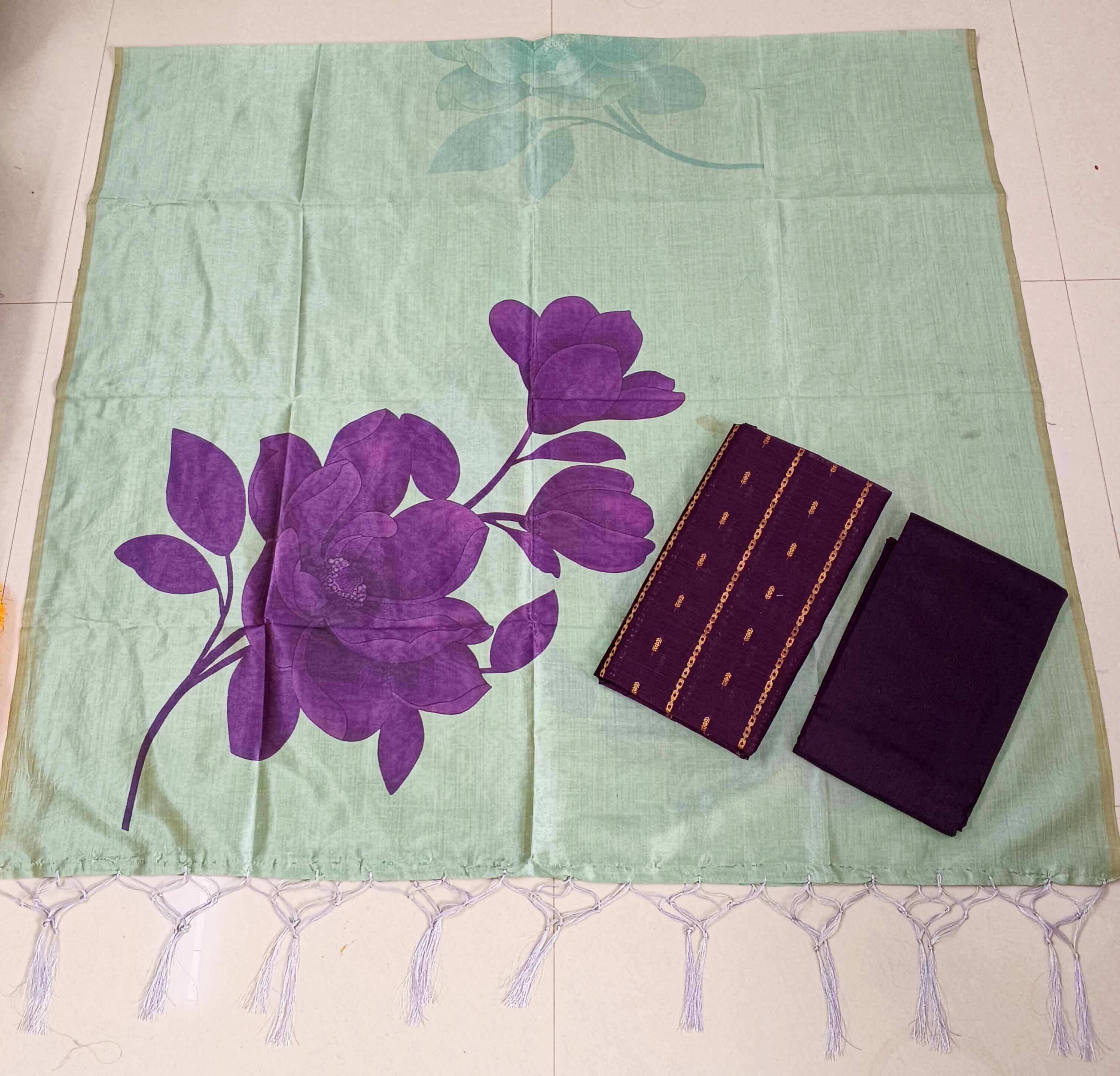 dark purple raw silk top with big flower mithif assam silk duppata