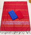 red jamdhani duppata with royal blue raw silk top and bottom 3 piece set