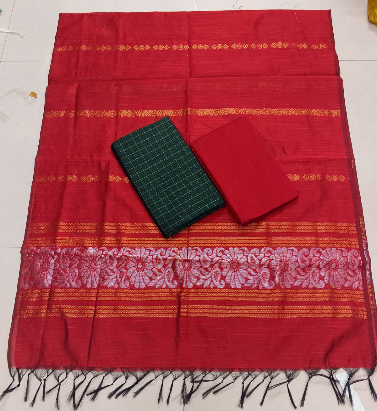 red jamdhani duppata with green raw silk top and bottom 3 piece set