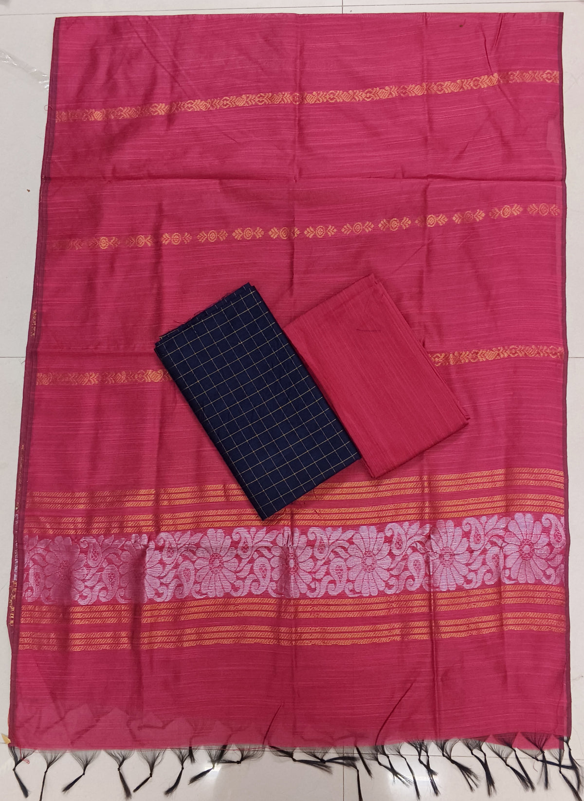 peech colour jamdhani duppata with navy blue raw silk top 3 piece set