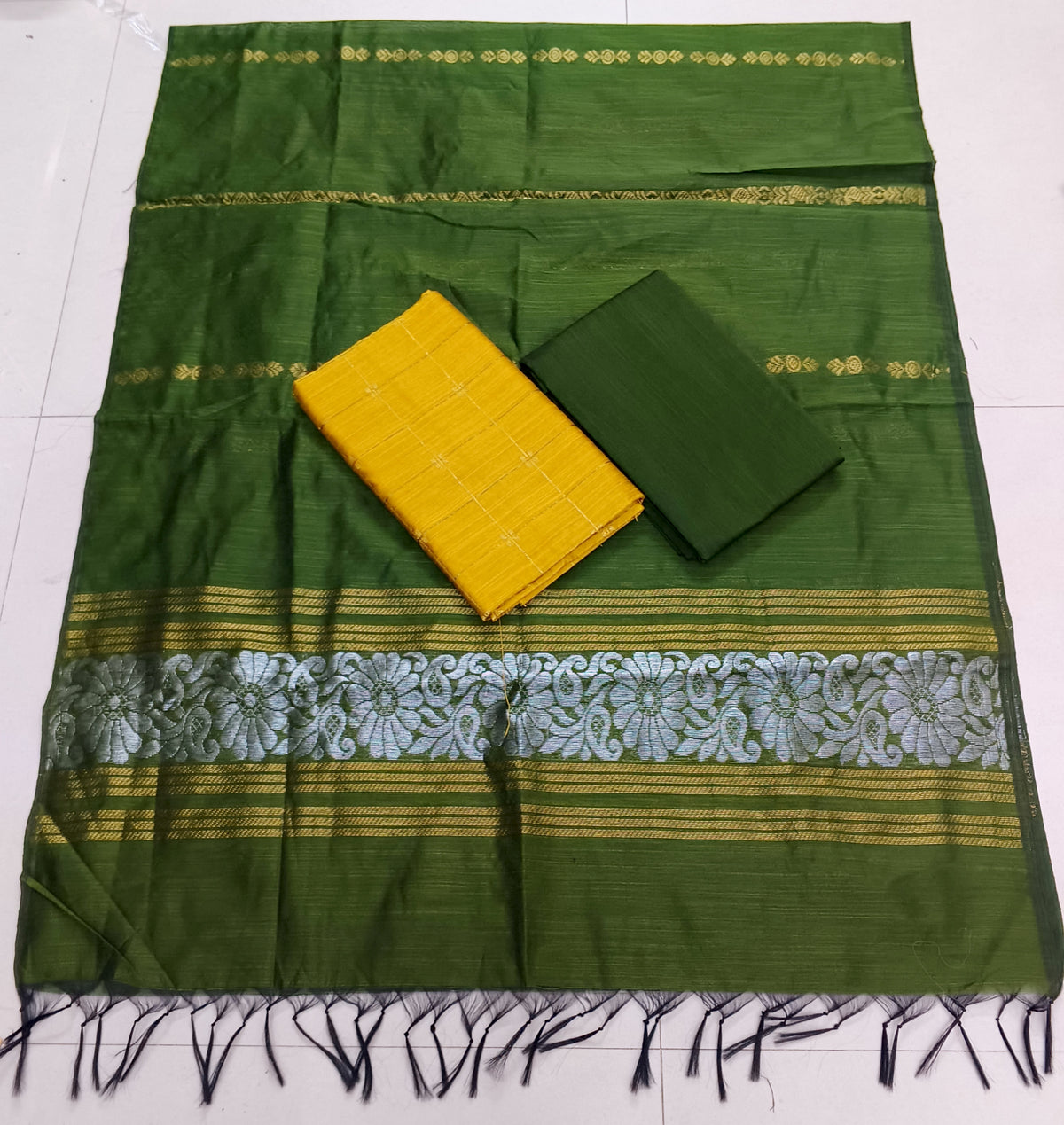 olive green raw silk top with yellow raw silk top and bottom 3 piece set