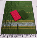 olive green jamdhani duppata with red raw silk top and bottom 3 piece set