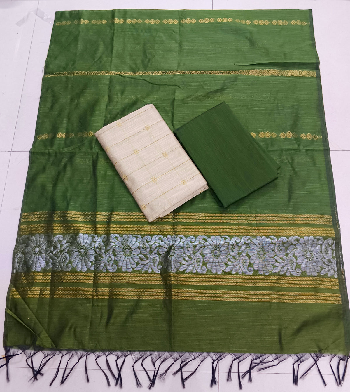olive green jamdhani duppata with cream colour top and bottom 3 piece set