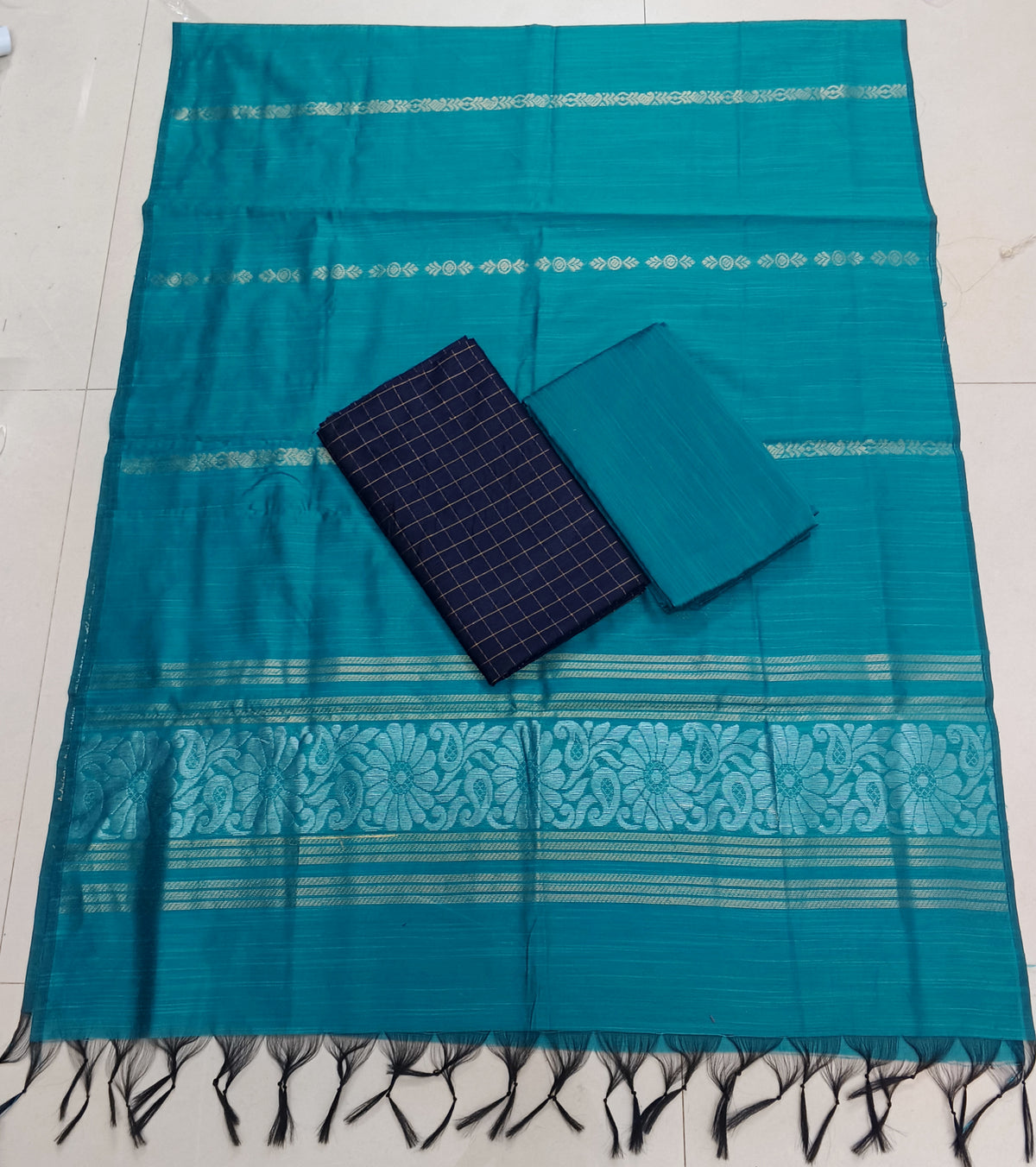 teel blue jamdhani duppata with navy blue raw silk top and bottom 3 piece set