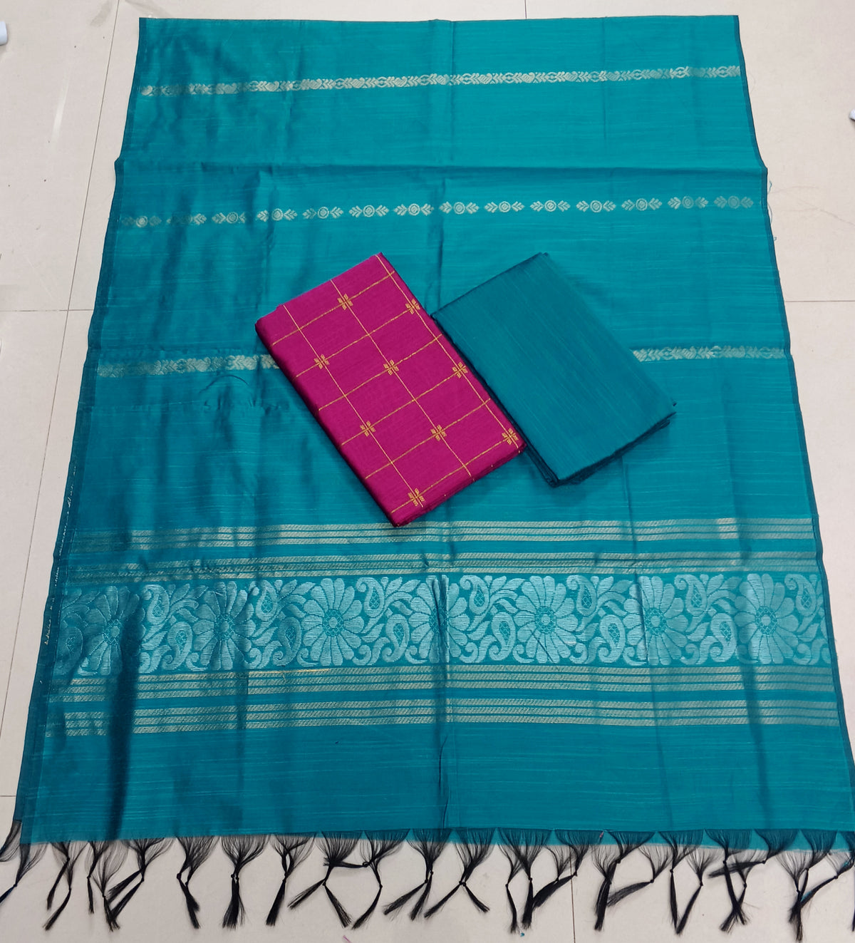 teel blue jamdhani duppata with rose raw silk top with bottom 3 piece set