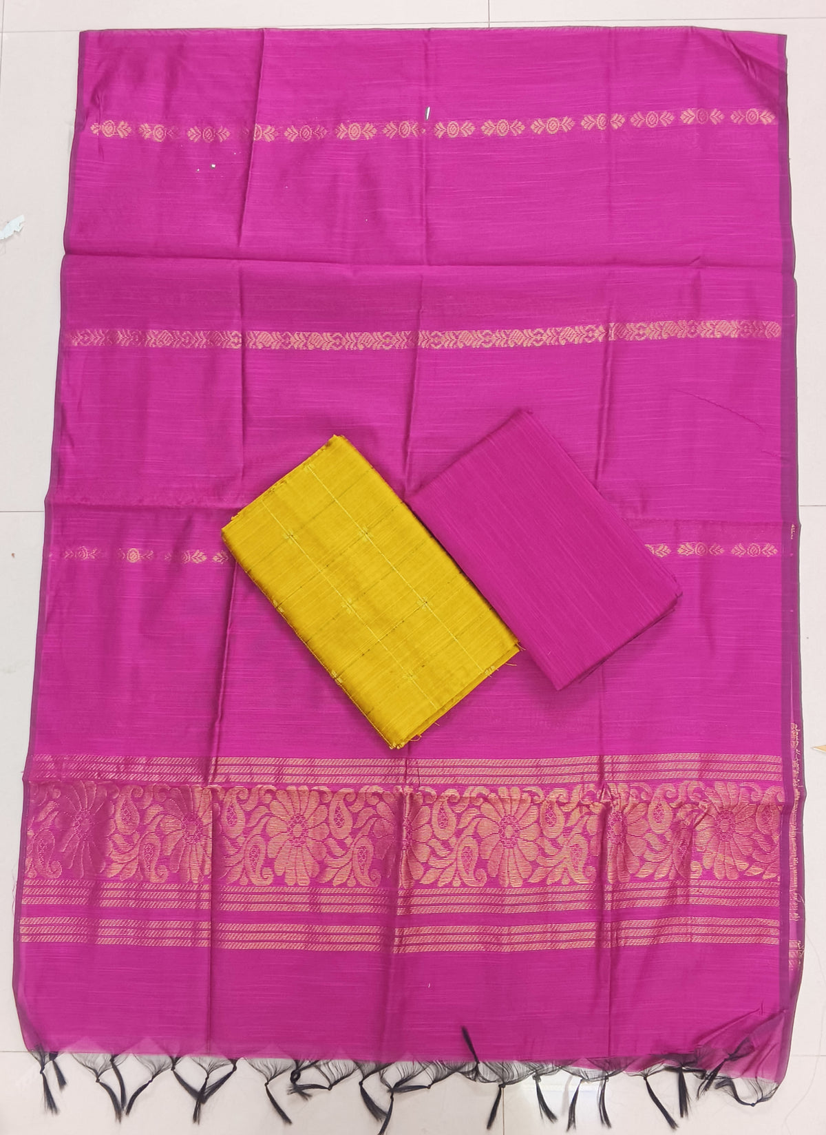 rose jamdhani duppata with yellow raw silk top and bottom 3 piece set