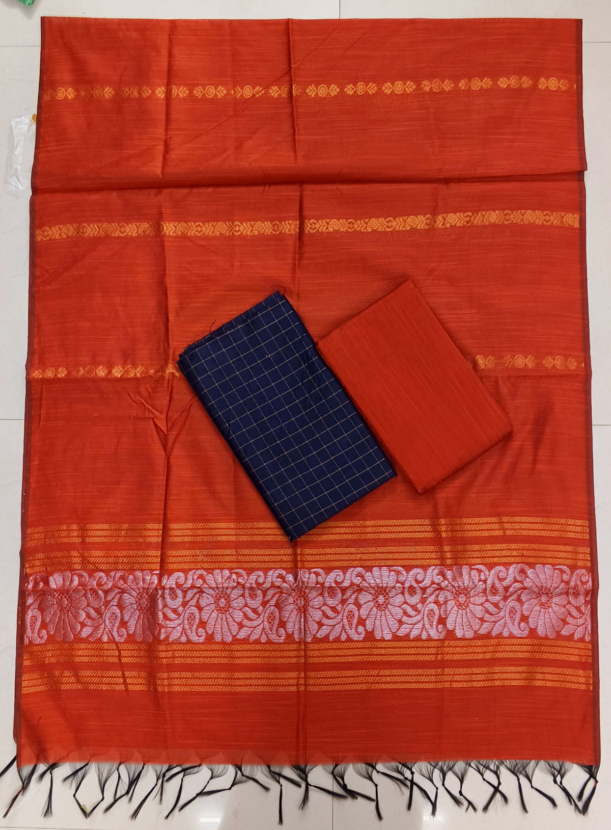 orange jamdhani duppata with navy blue top and bottom 3 piece set