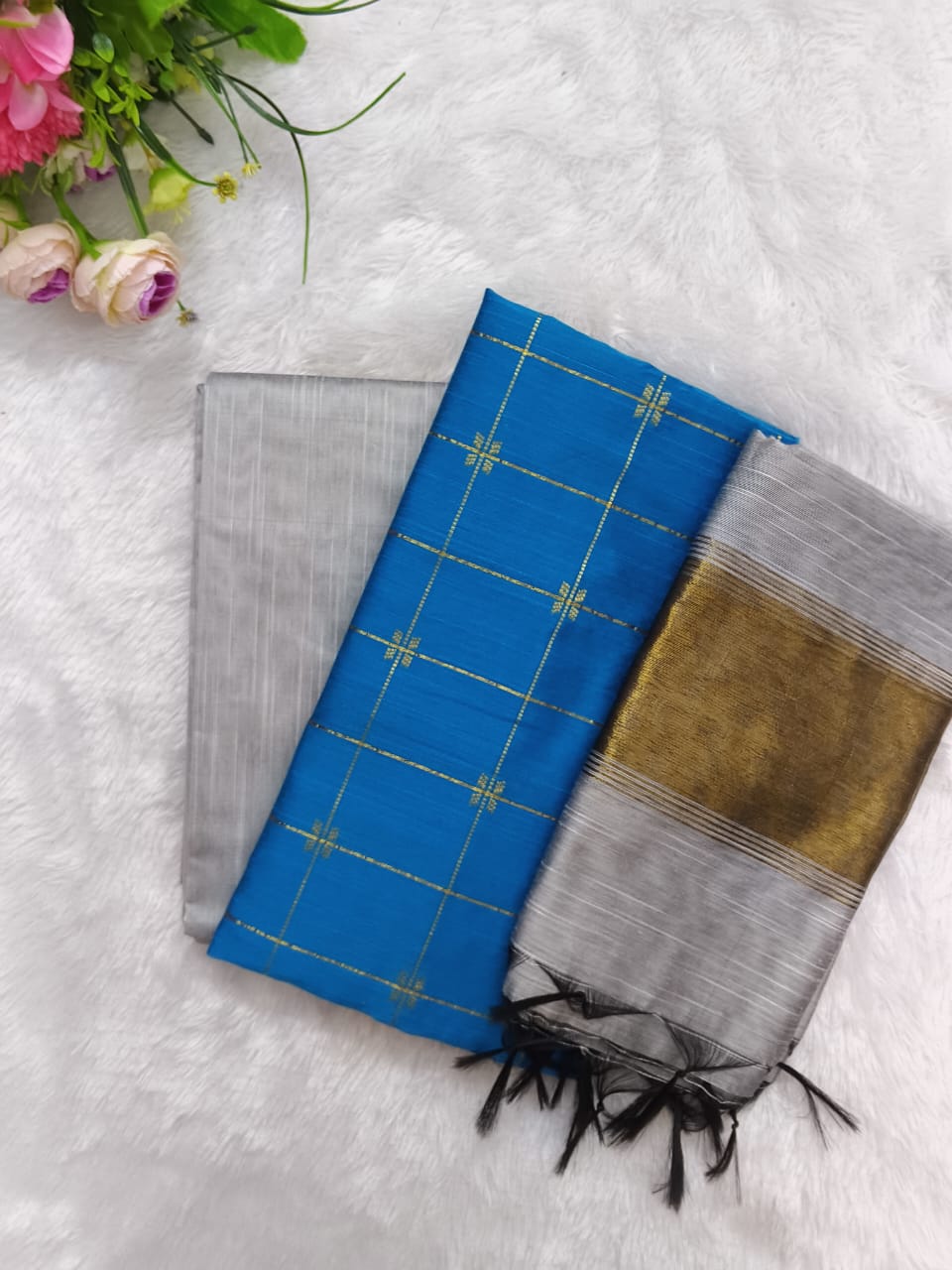 rama blue with silver combination raw silk 3 piece set