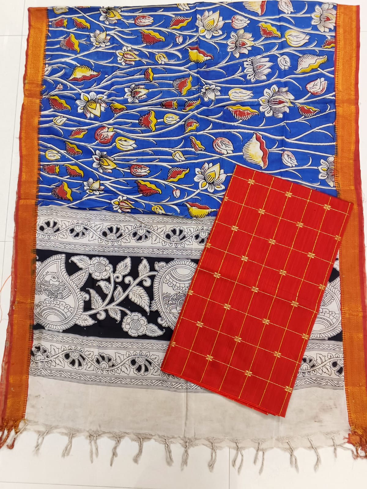 royal blue floral design chennuri silk duppata with raw silk top
