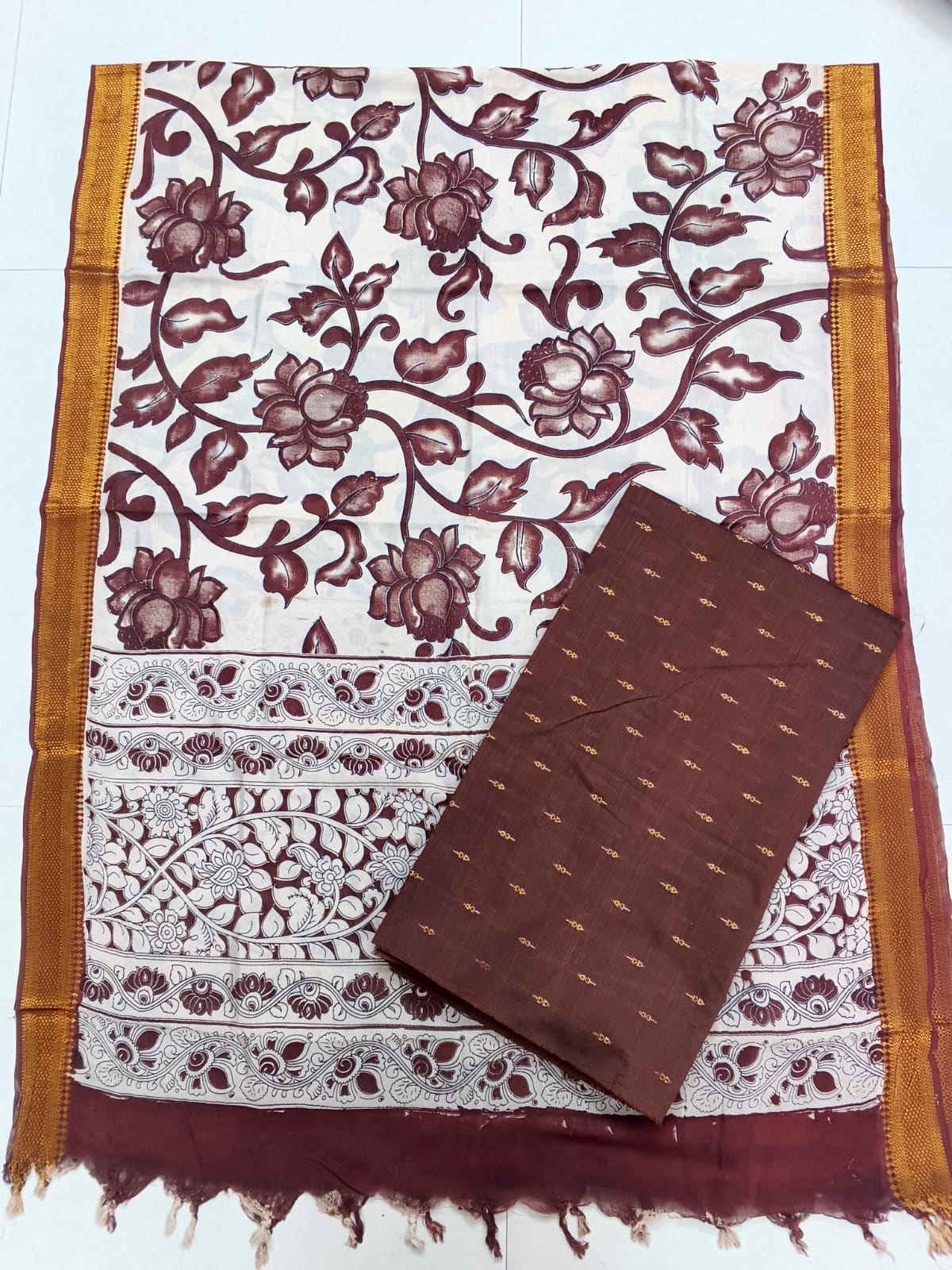 chocolate brown lotus chennuri silk duppata with raw silk top
