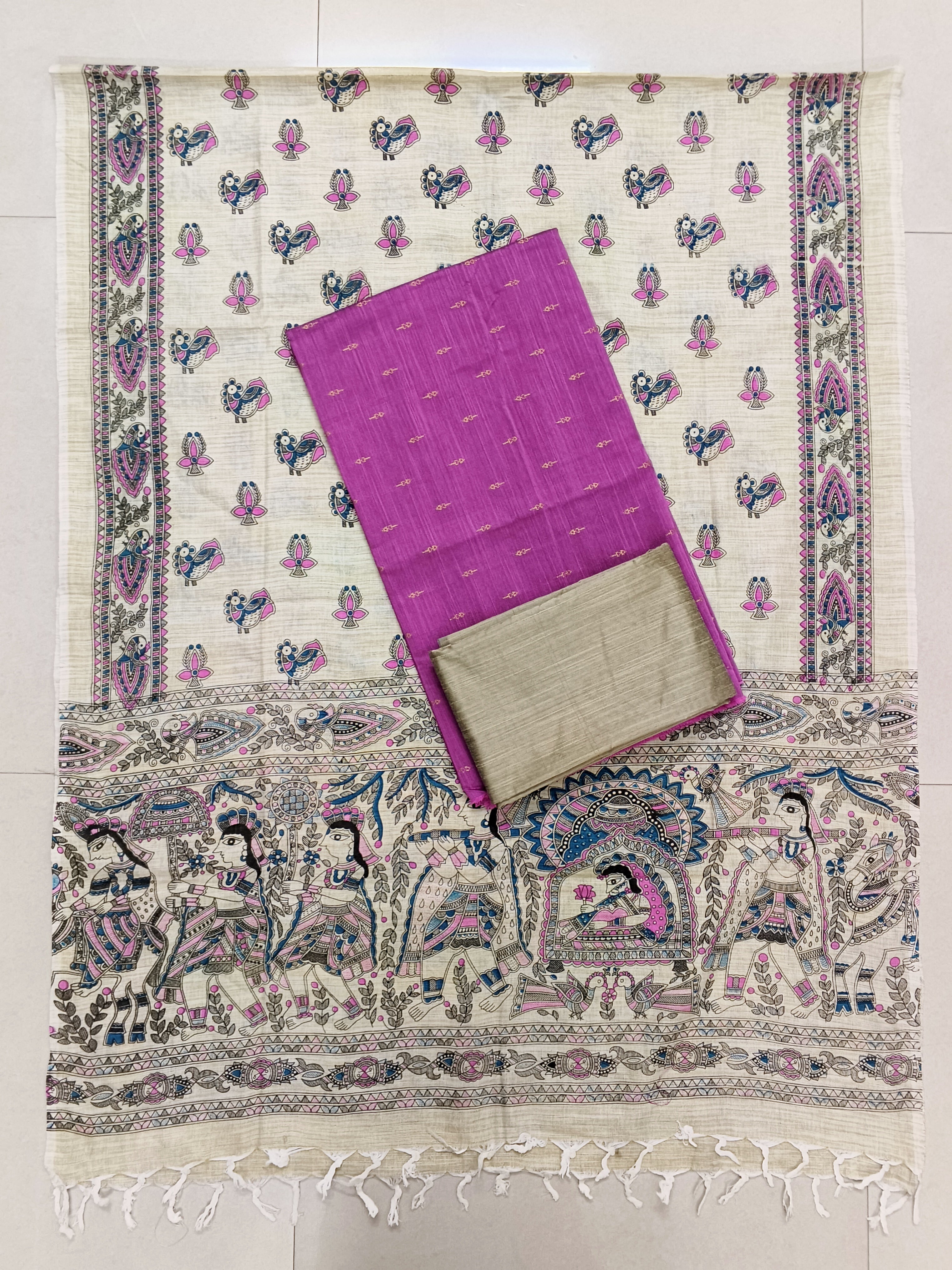 Ivory & Magenta Purple Madhubani – 3-Piece Set