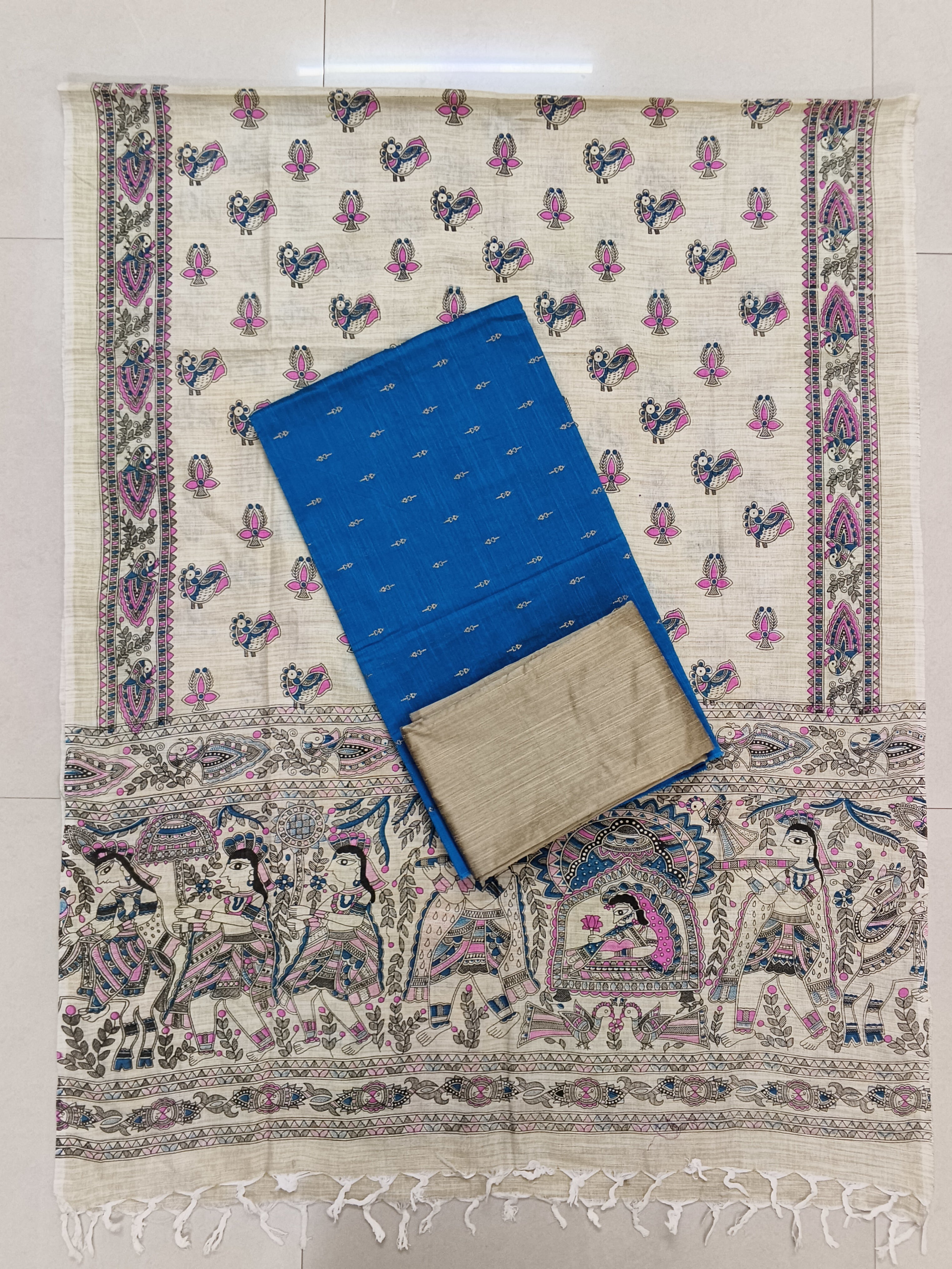 Ivory & Royal Blue Madhubani – 3-Piece Set