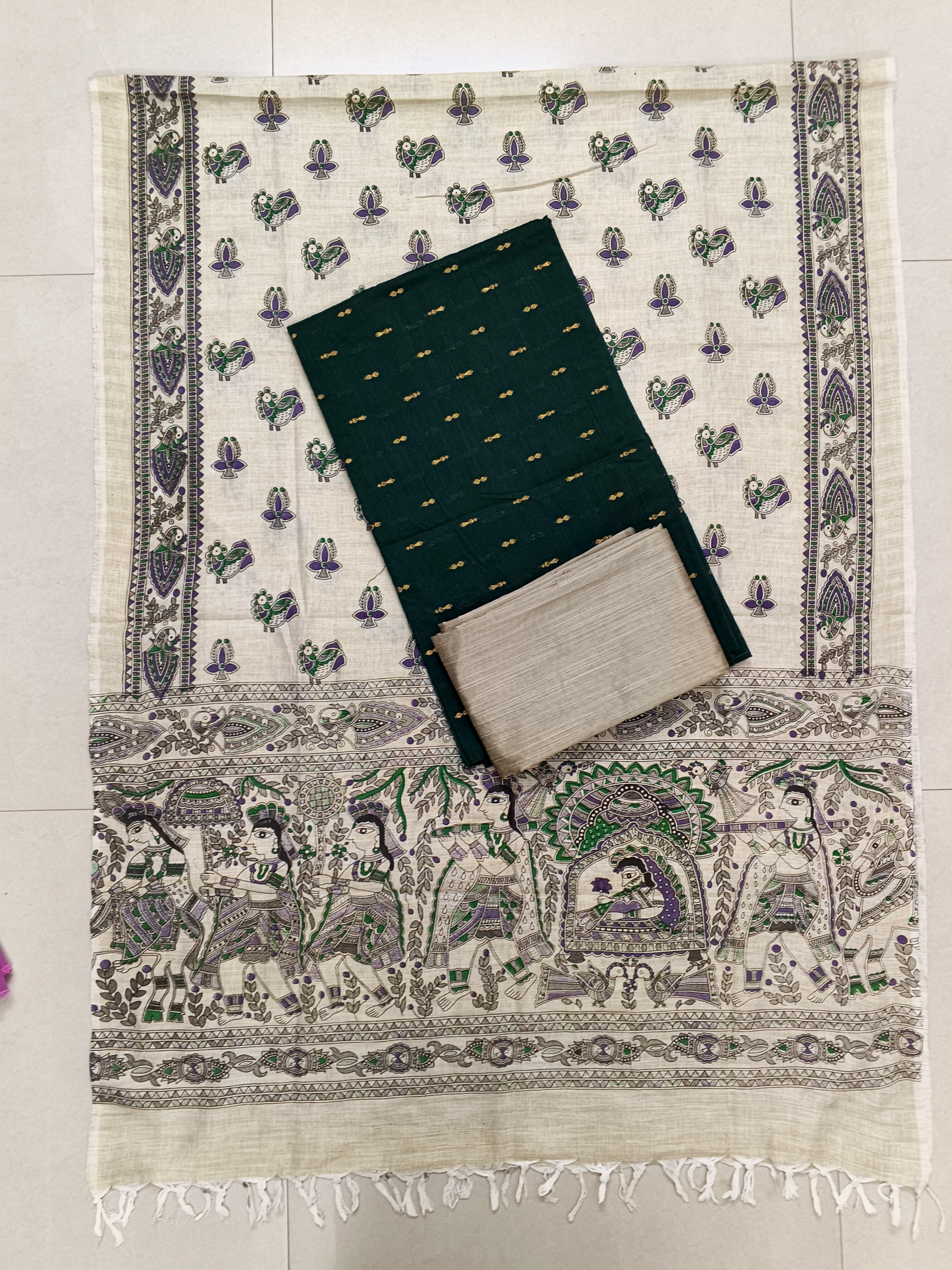 Ivory & Bottle Green Madhubani – 3-Piece Set