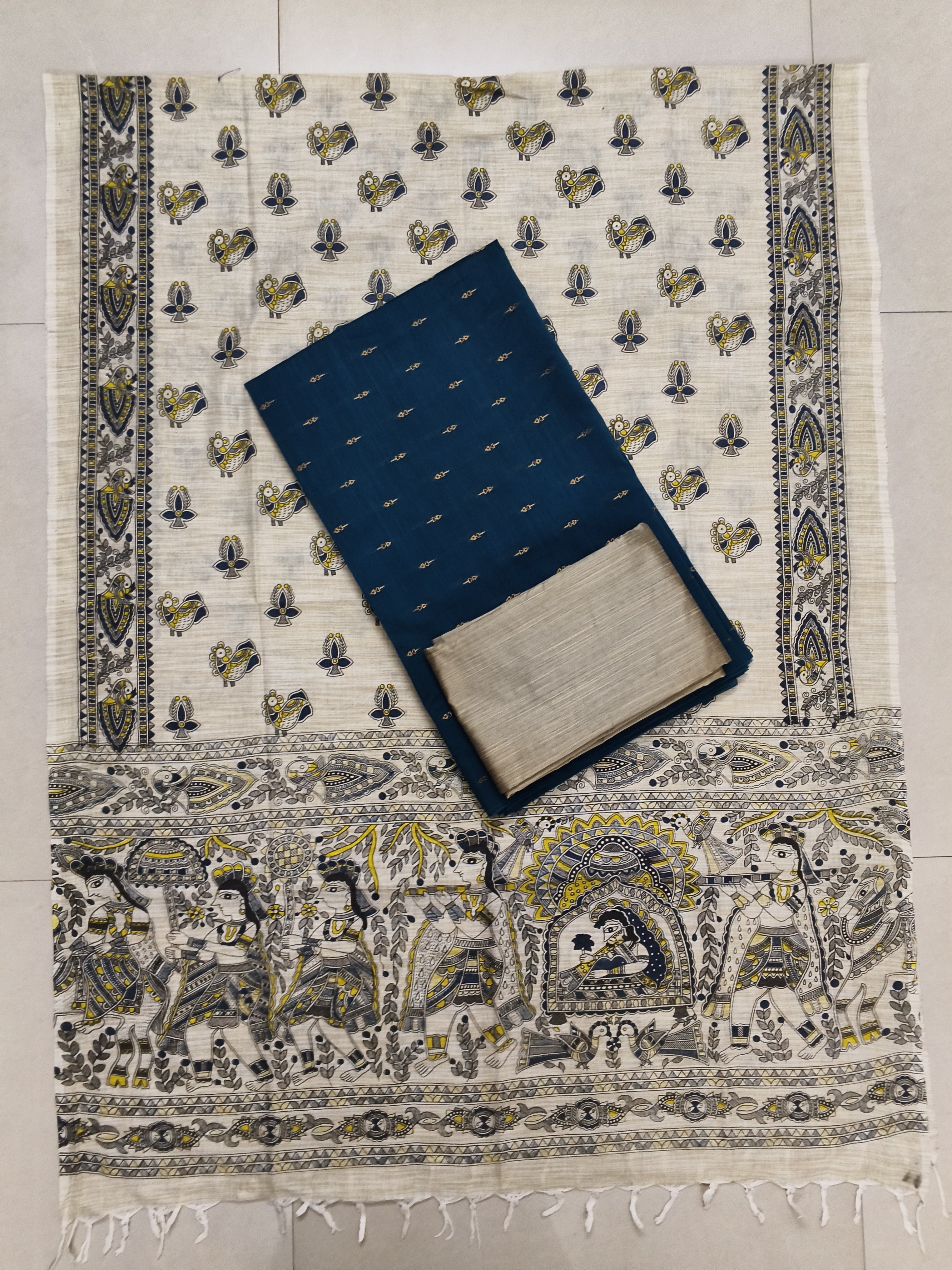 Ivory & Peacock Blue Madhubani – 3-Piece Set