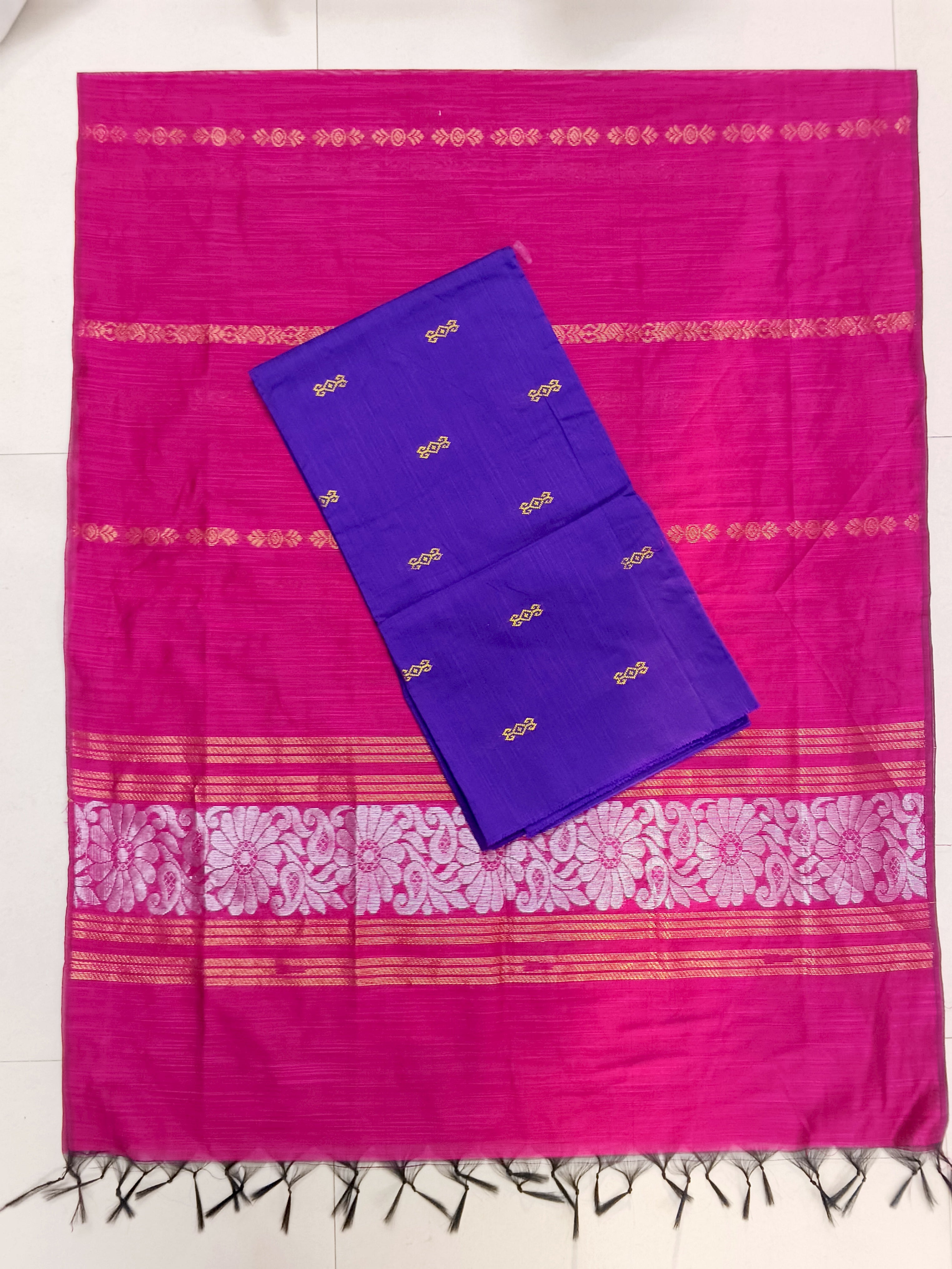 Rani Pink Jamdhani Dupatta with Royal Blue Raw Silk Top