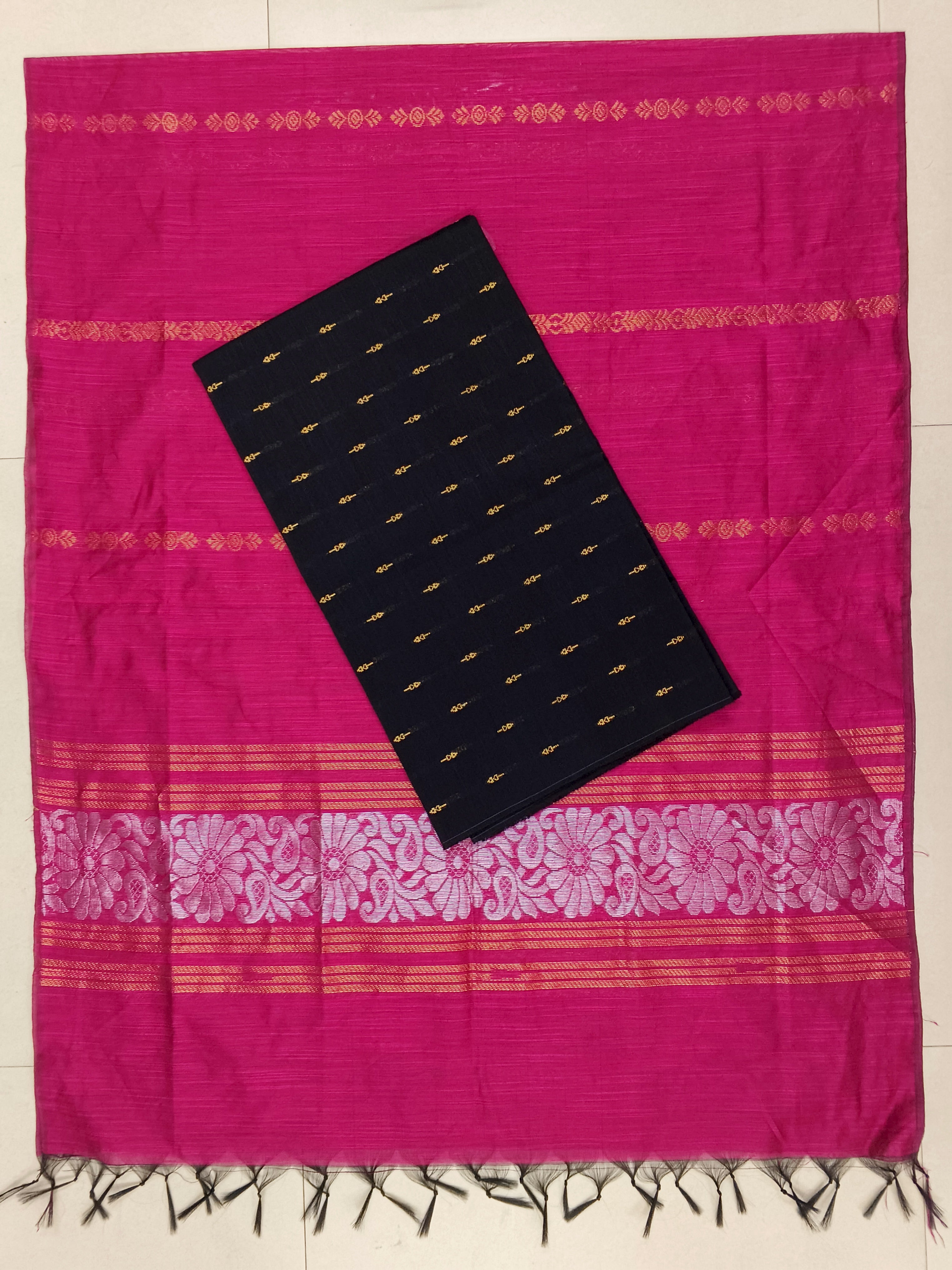 Rani Pink Jamdhani Dupatta with Black Raw Silk Top