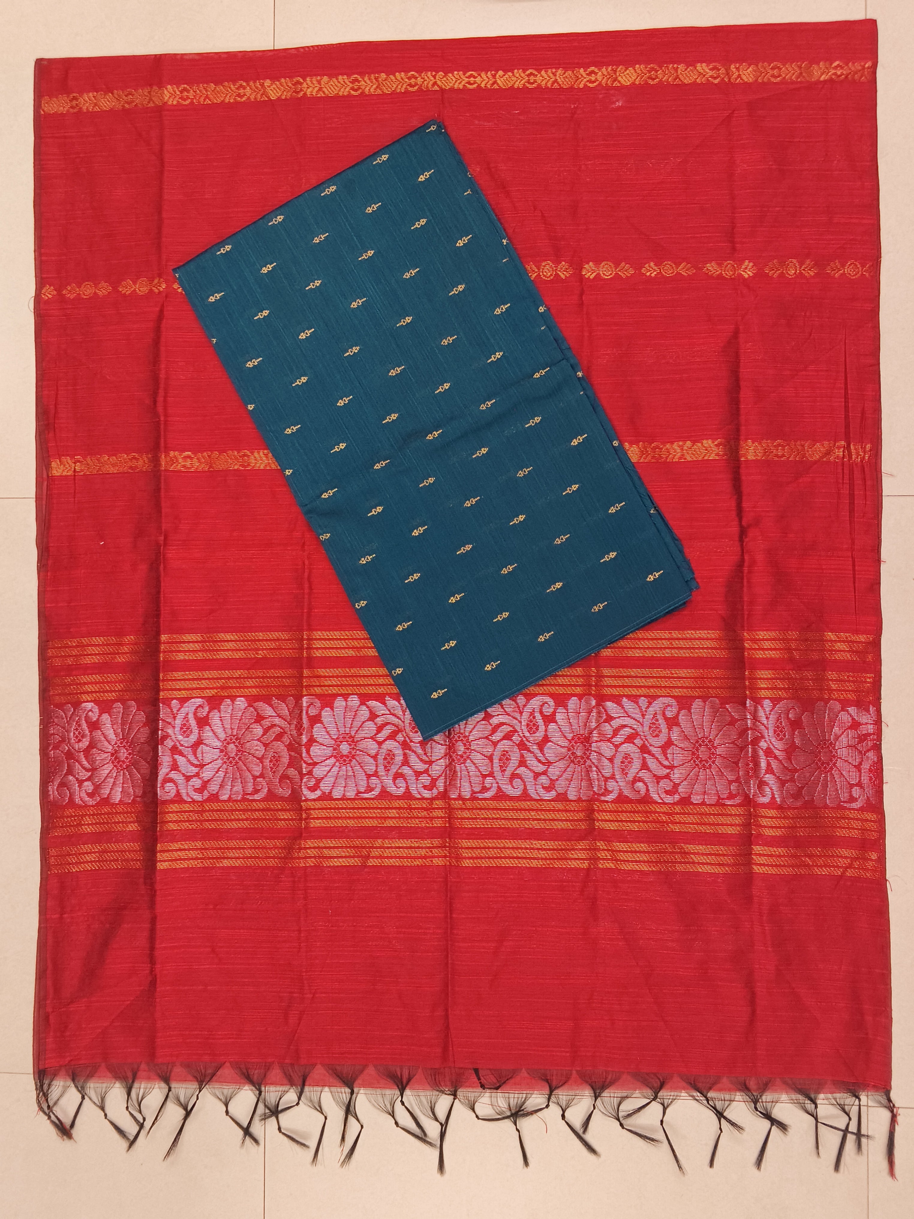 Red Jamdhani Dupatta with Peacock Blue Raw Silk Top