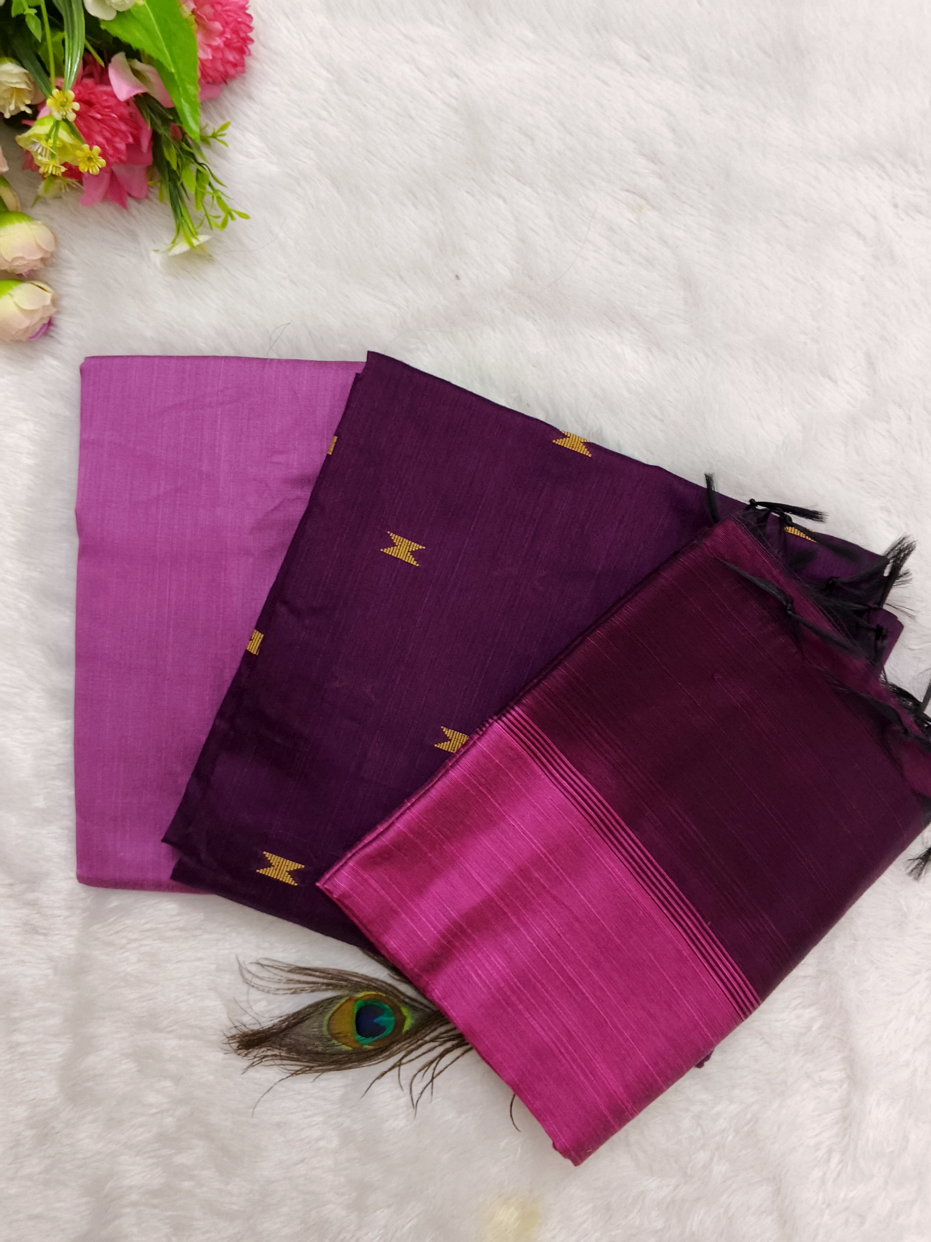 Magenta Pink & Wine Purple Raw Silk Fully Woven – 3-Piece Set