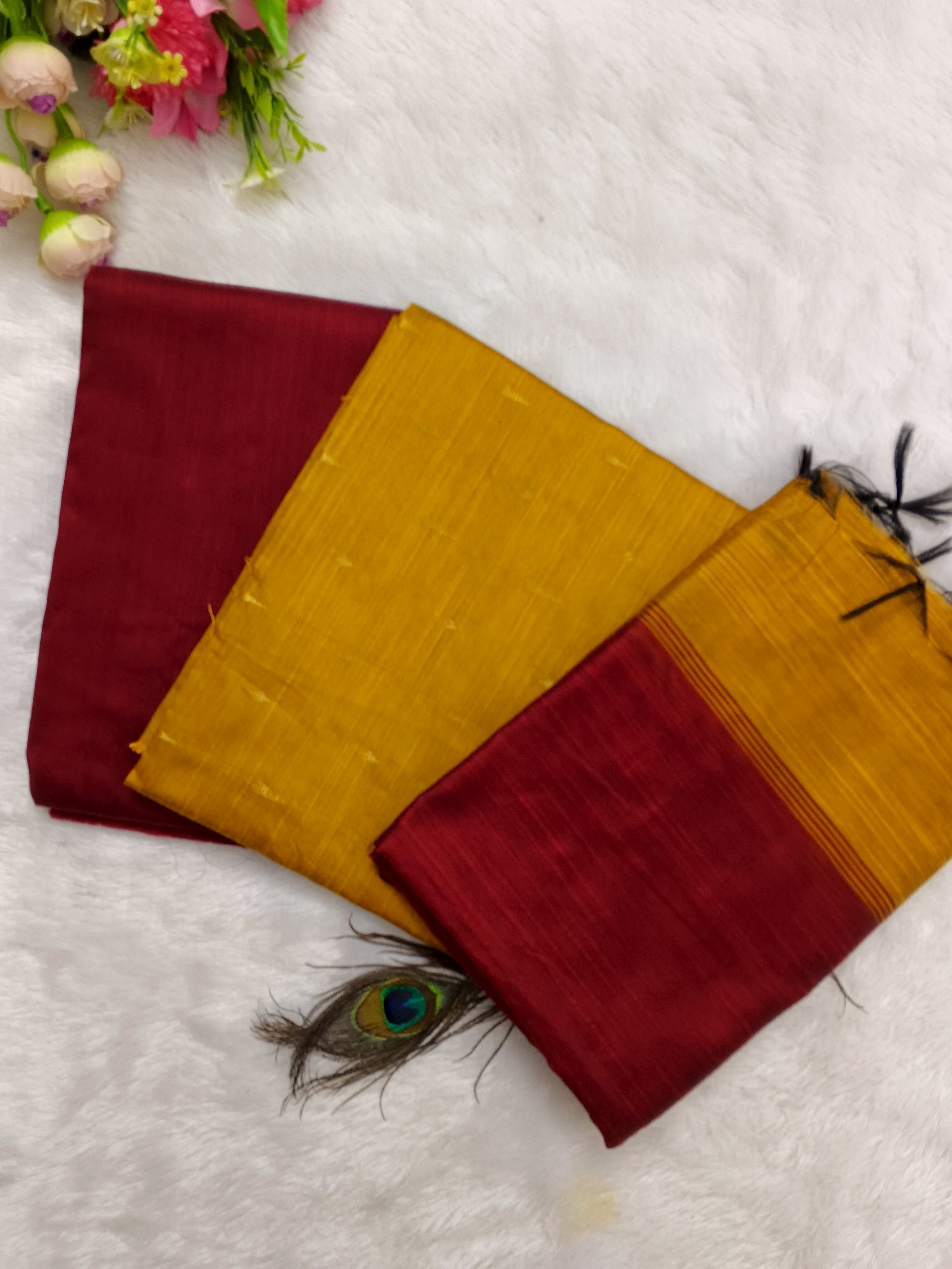 Mustard Yellow & Maroon Red Raw Silk Fully Woven – 3-Piece Set