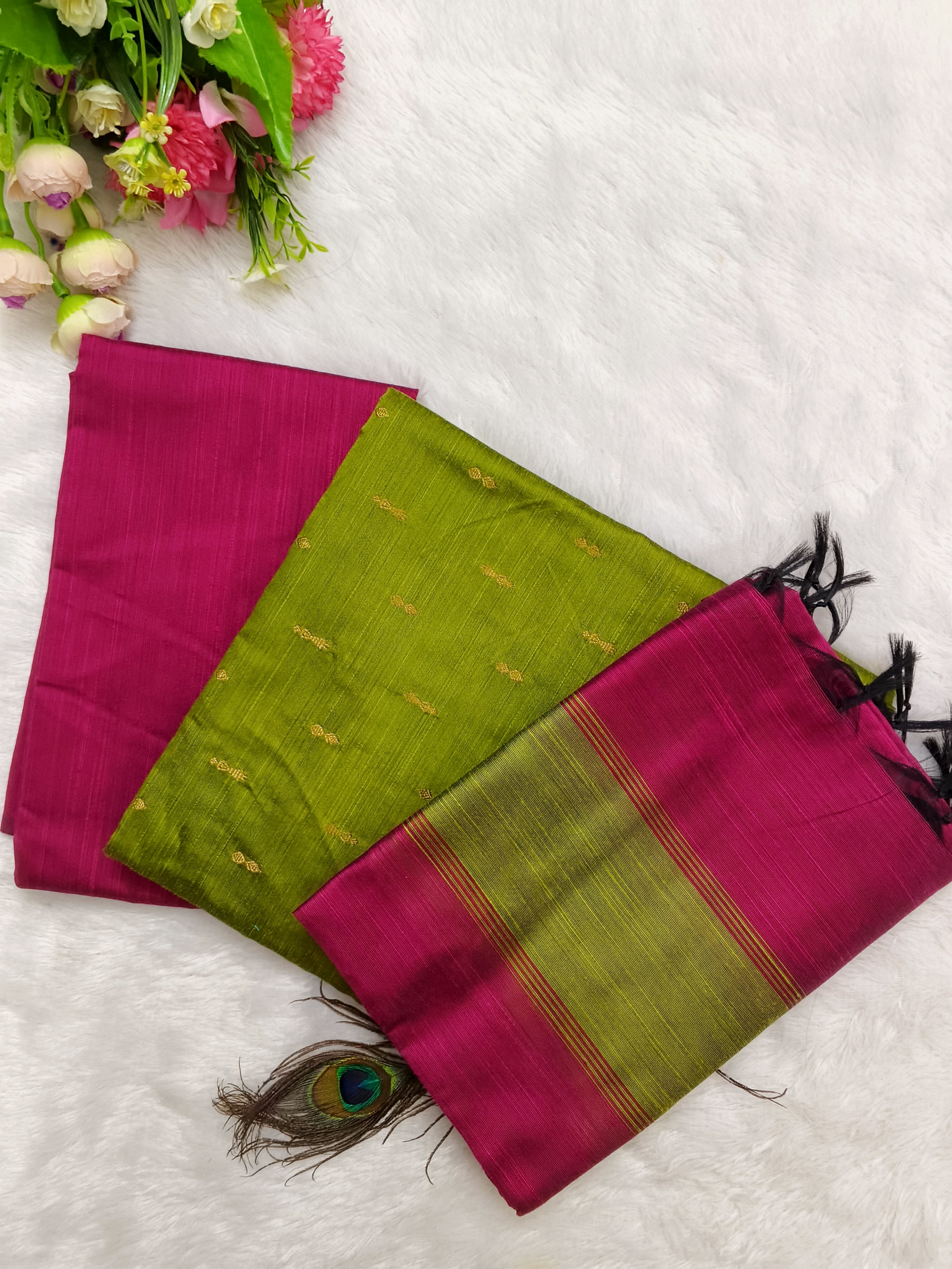 Rani Pink & Mehendi Green Raw Silk Fully Woven – 3-Piece Set