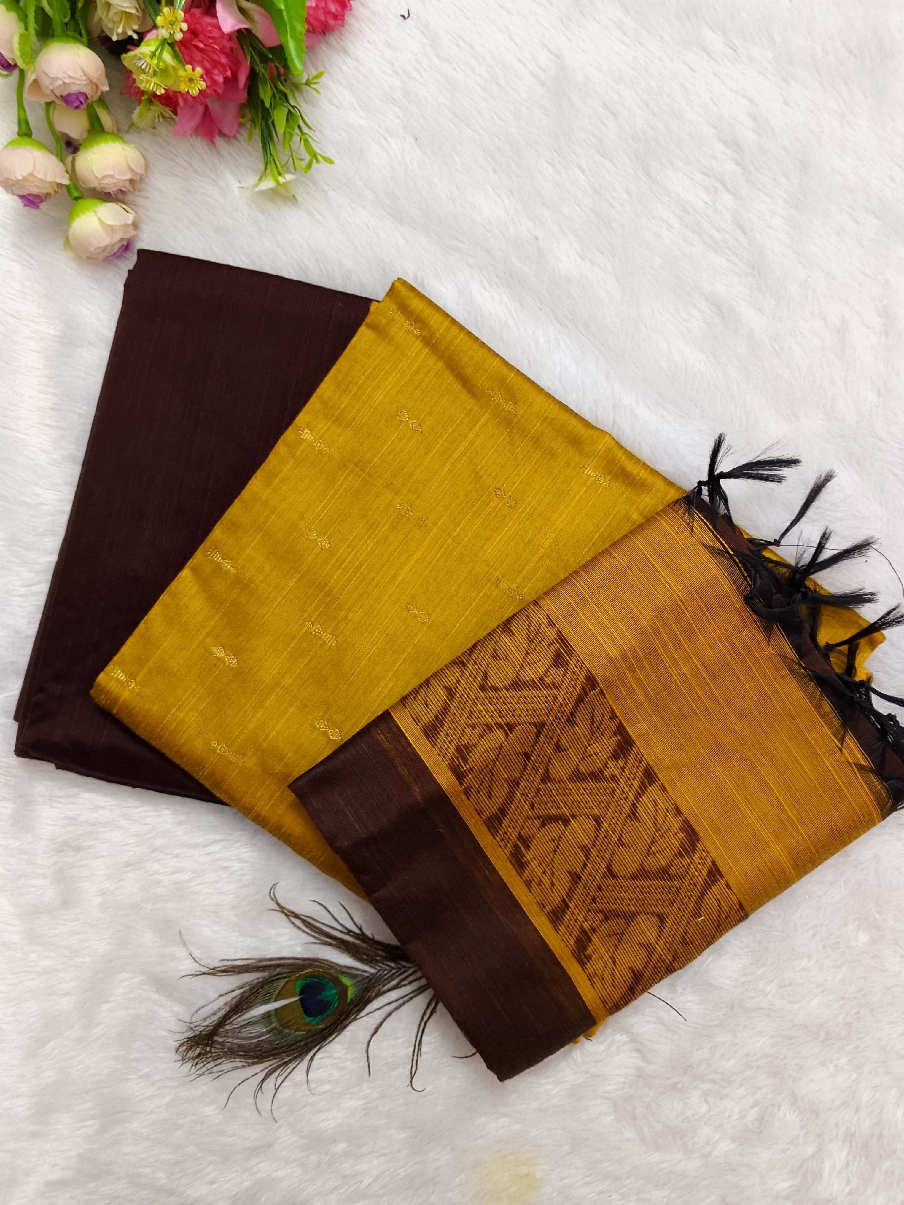 Mustard Yellow & Dark Brown Raw Silk Fully Woven – 3-Piece Set