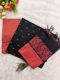 Coral Pink & Black Raw Silk Fully Woven – 3-Piece Set