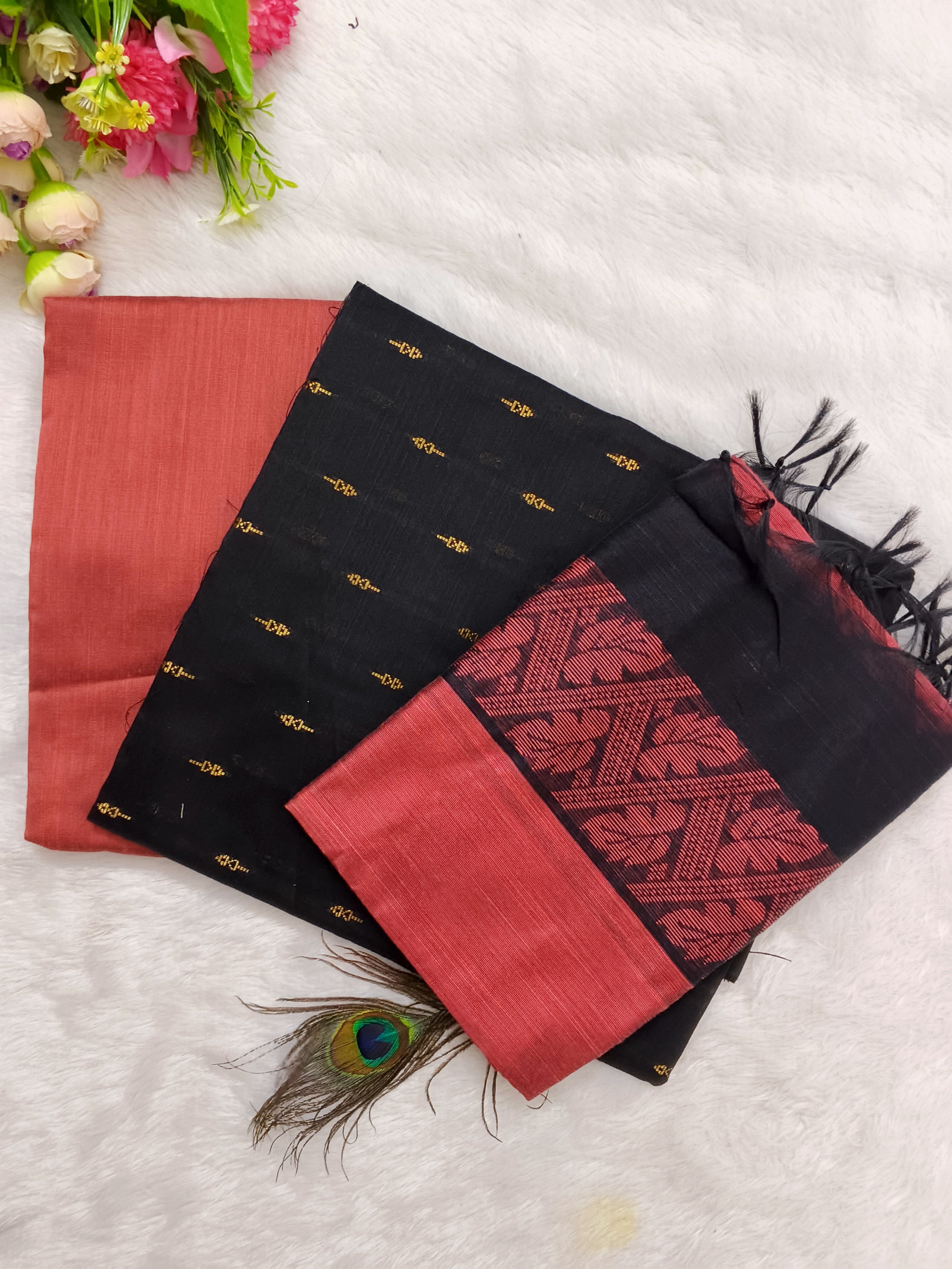 Coral Pink & Black Raw Silk Fully Woven – 3-Piece Set