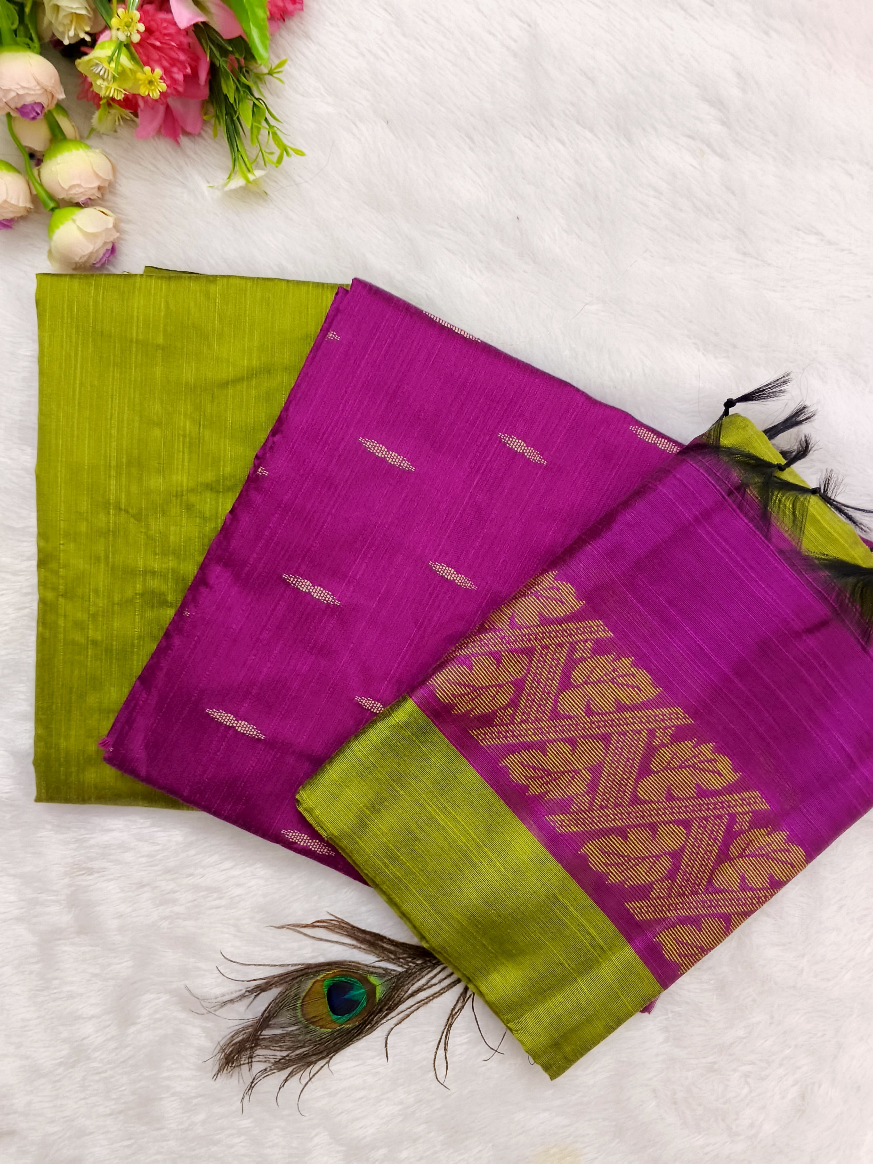 Magenta Purple & Olive Green Raw Silk Fully Woven – 3-Piece Set