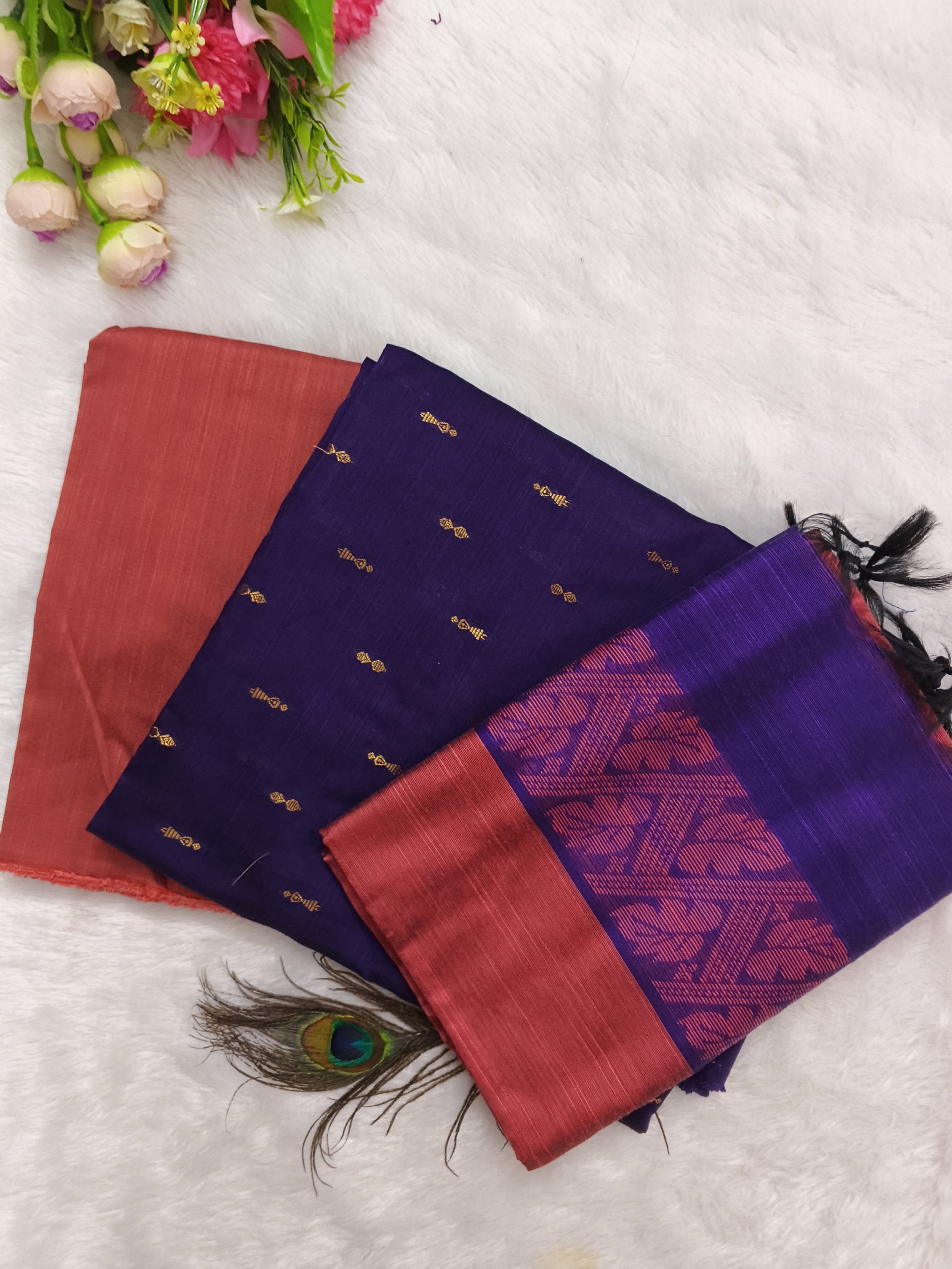 Coral Pink & Purple Raw Silk Fully Woven – 3-Piece Set