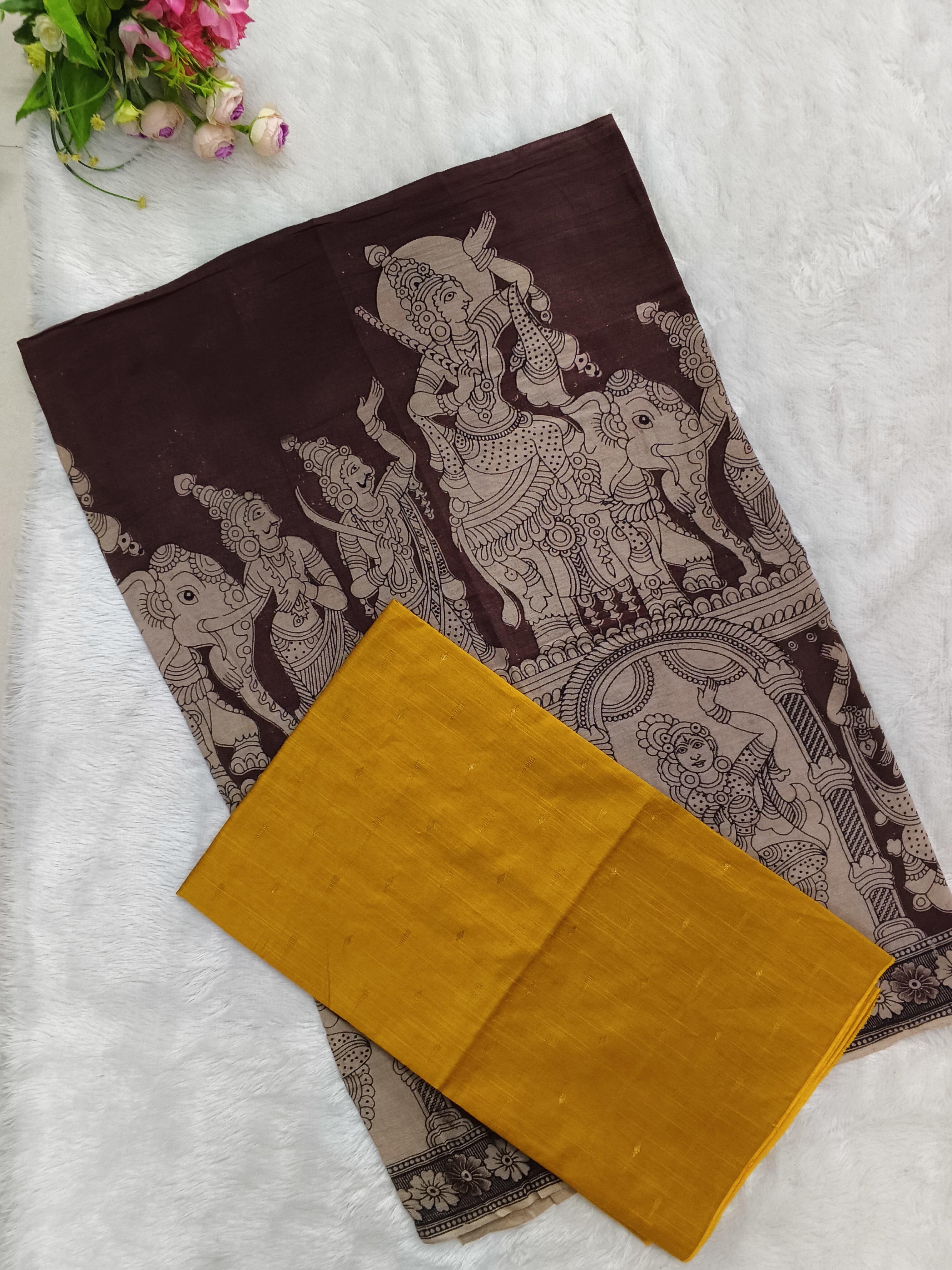 Coffee Brown Kalamkari Dupatta with Mustard Yellow Raw Silk Top