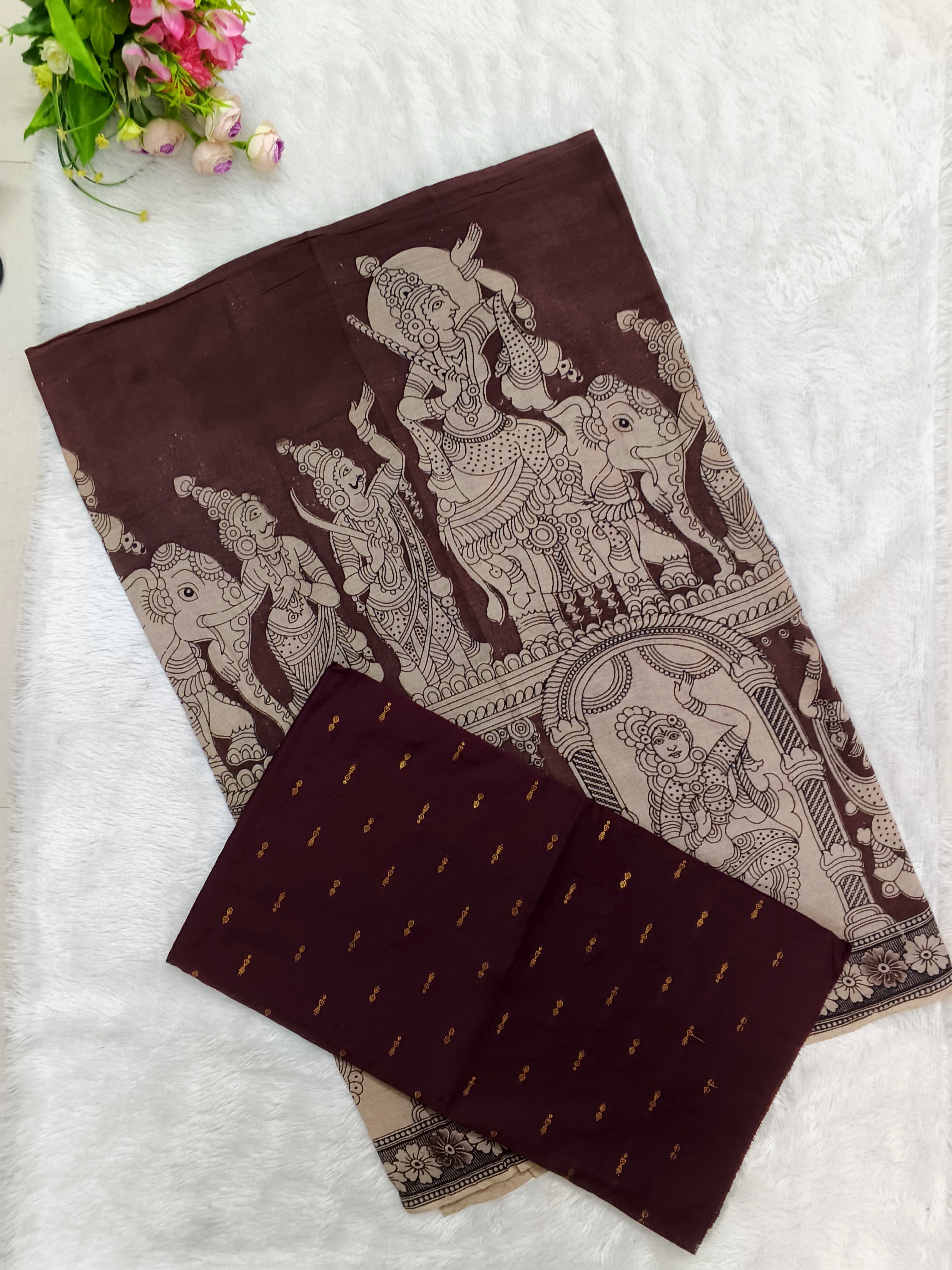 Coffee Brown Kalamkari Dupatta with Wine Maroon Raw Silk Top