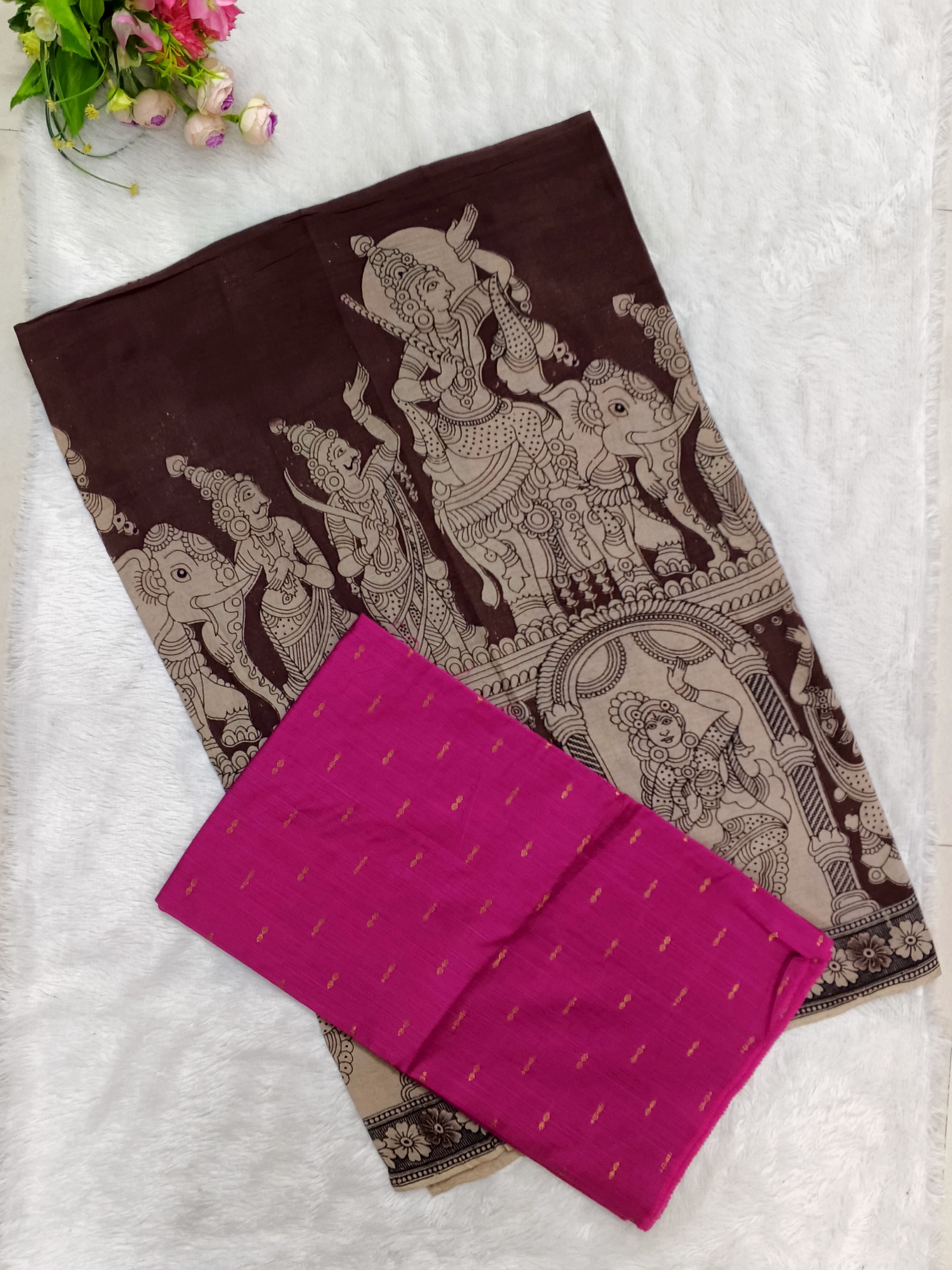Coffee Brown Kalamkari Dupatta with Rani Pink Raw Silk Top
