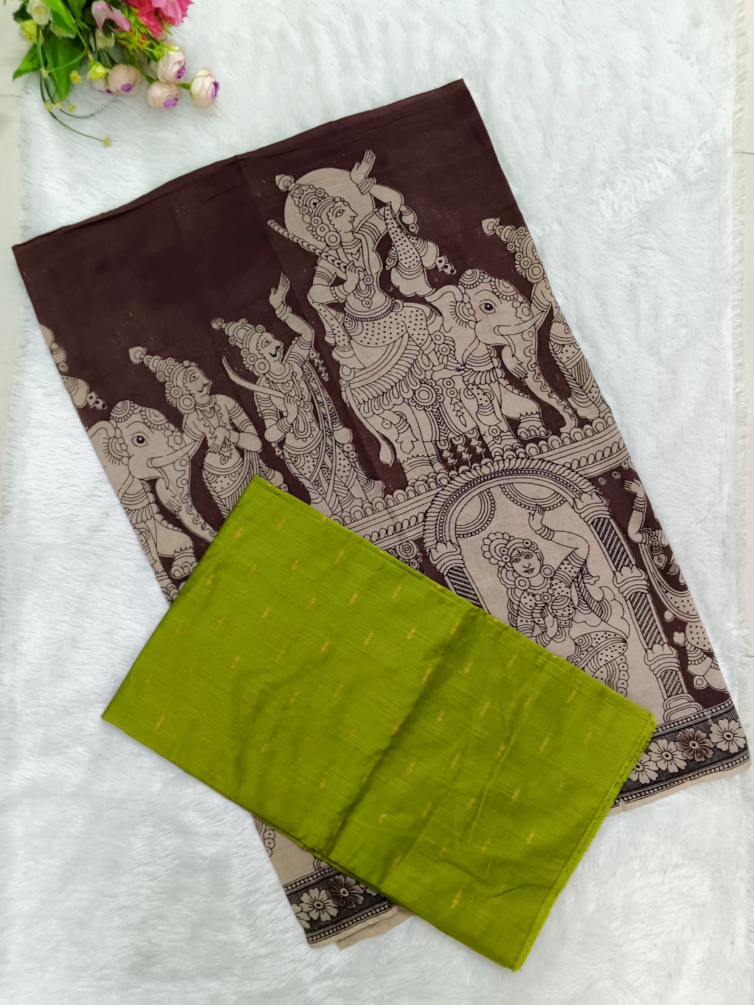 Coffee Brown Kalamkari Dupatta with Mehendi Green Raw Silk Top