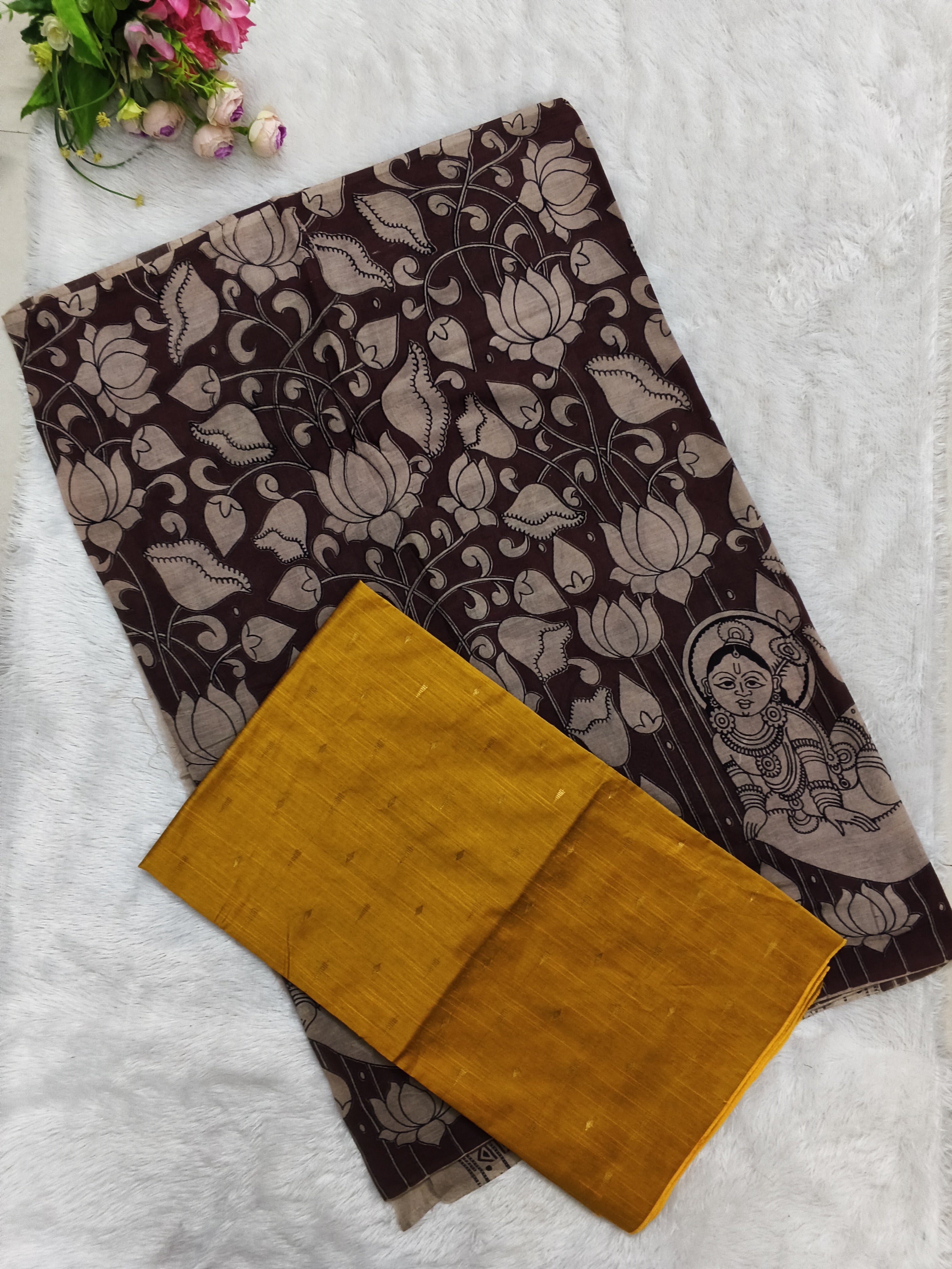 Coffee Brown Kalamkari Dupatta with Mustard Yellow Raw Silk Top