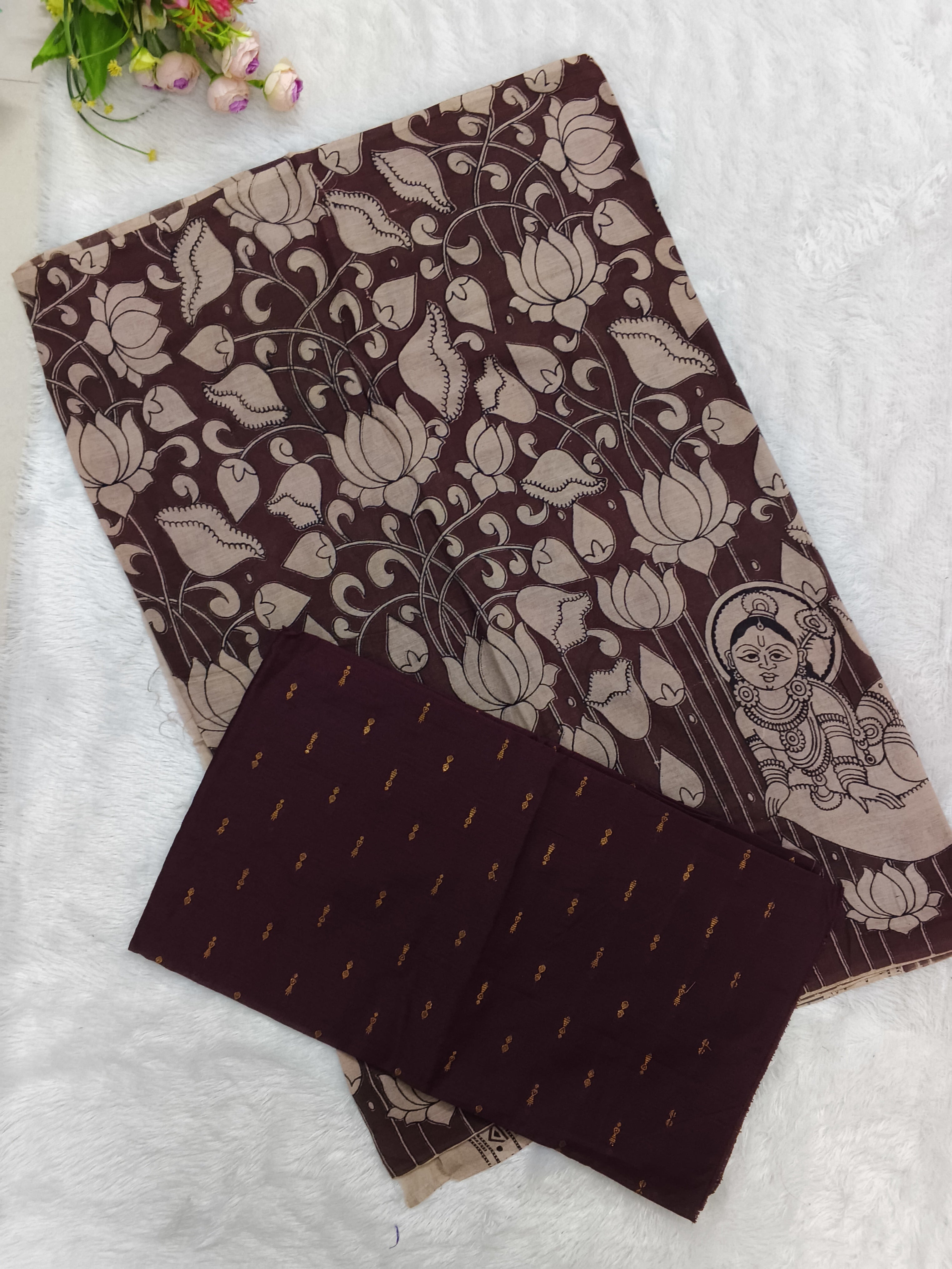 Coffee Brown Kalamkari Dupatta with Chocolate Brown Raw Silk Top