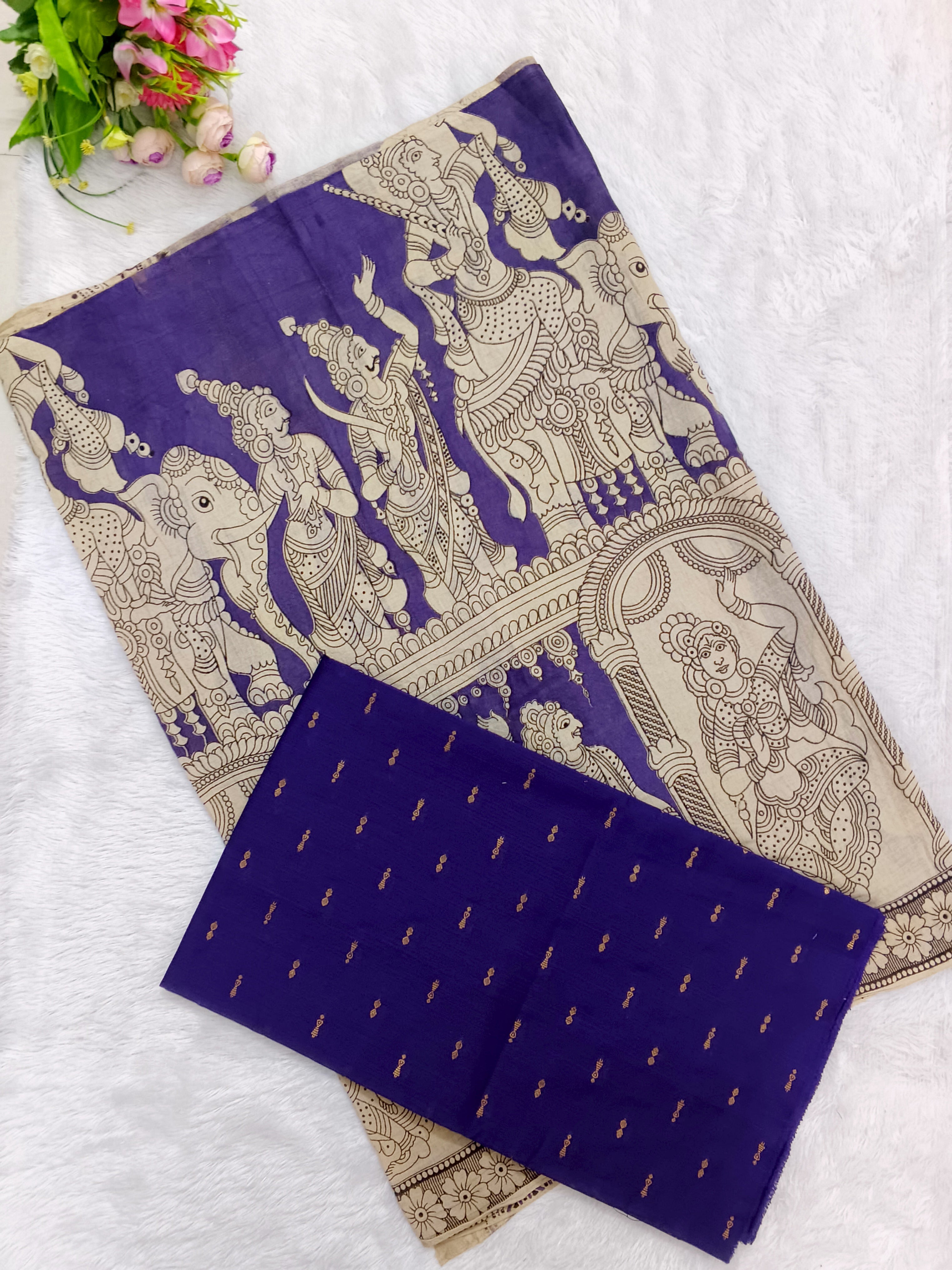 Purple Kalamkari Dupatta with Royal Blue Raw Silk Top