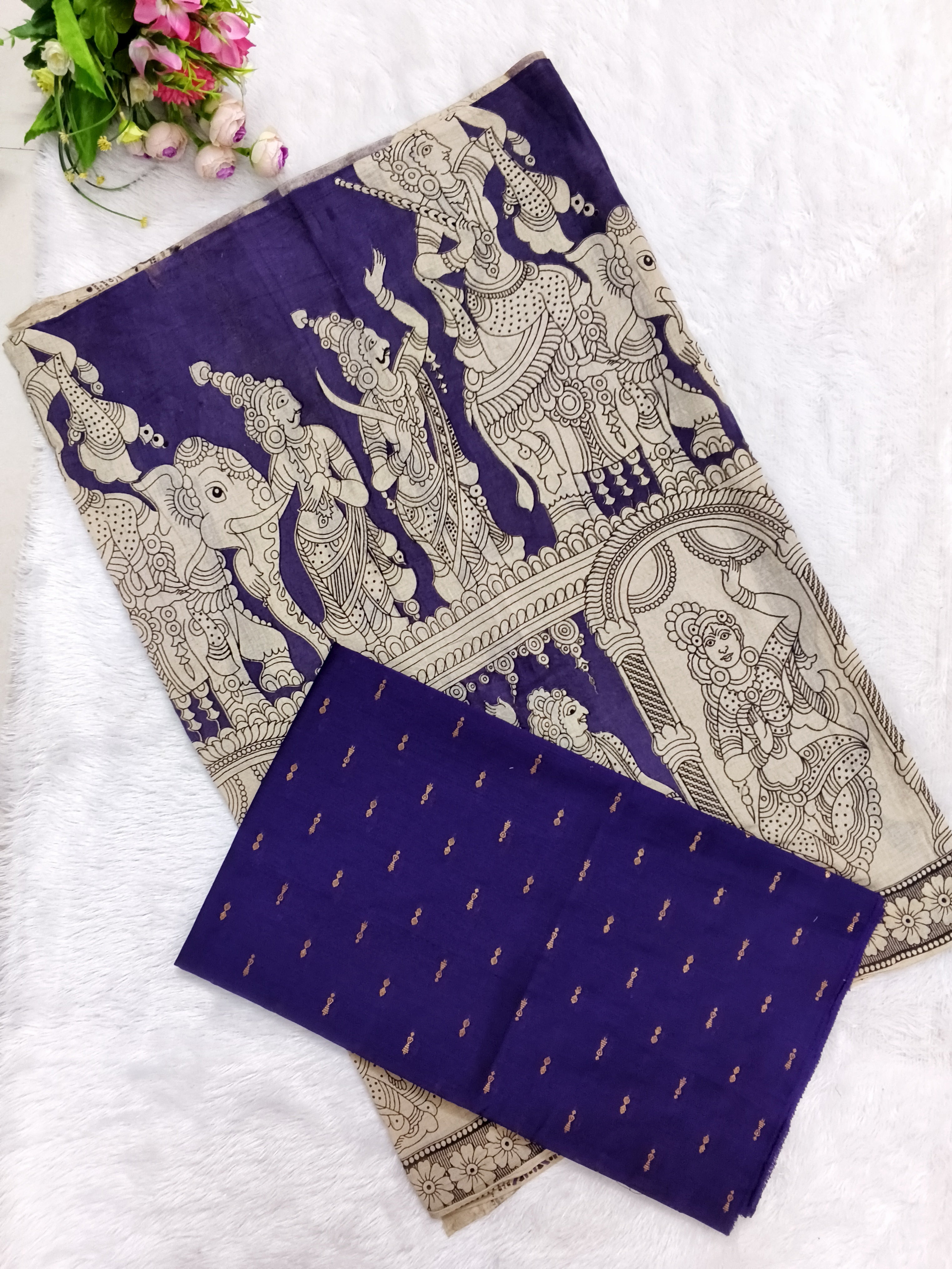 Purple Kalamkari Dupatta with Royal Blue Raw Silk Top