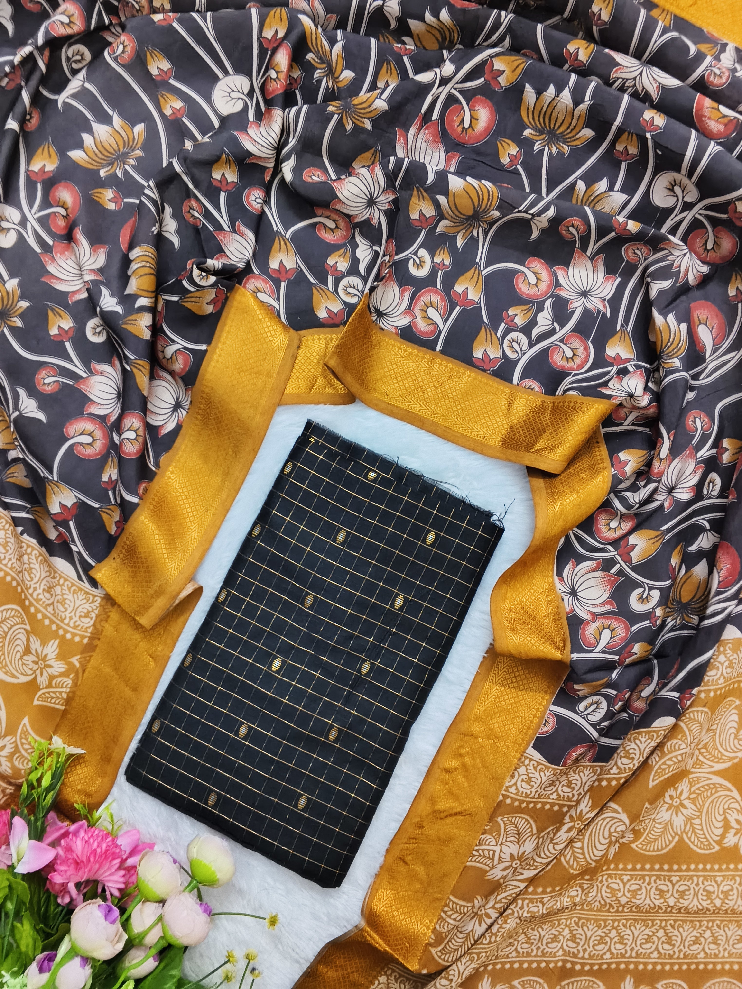 Black & Mustard Gold Chennuri Silk Nizam Border Dupatta with Raw Silk Top – 2-Piece Set