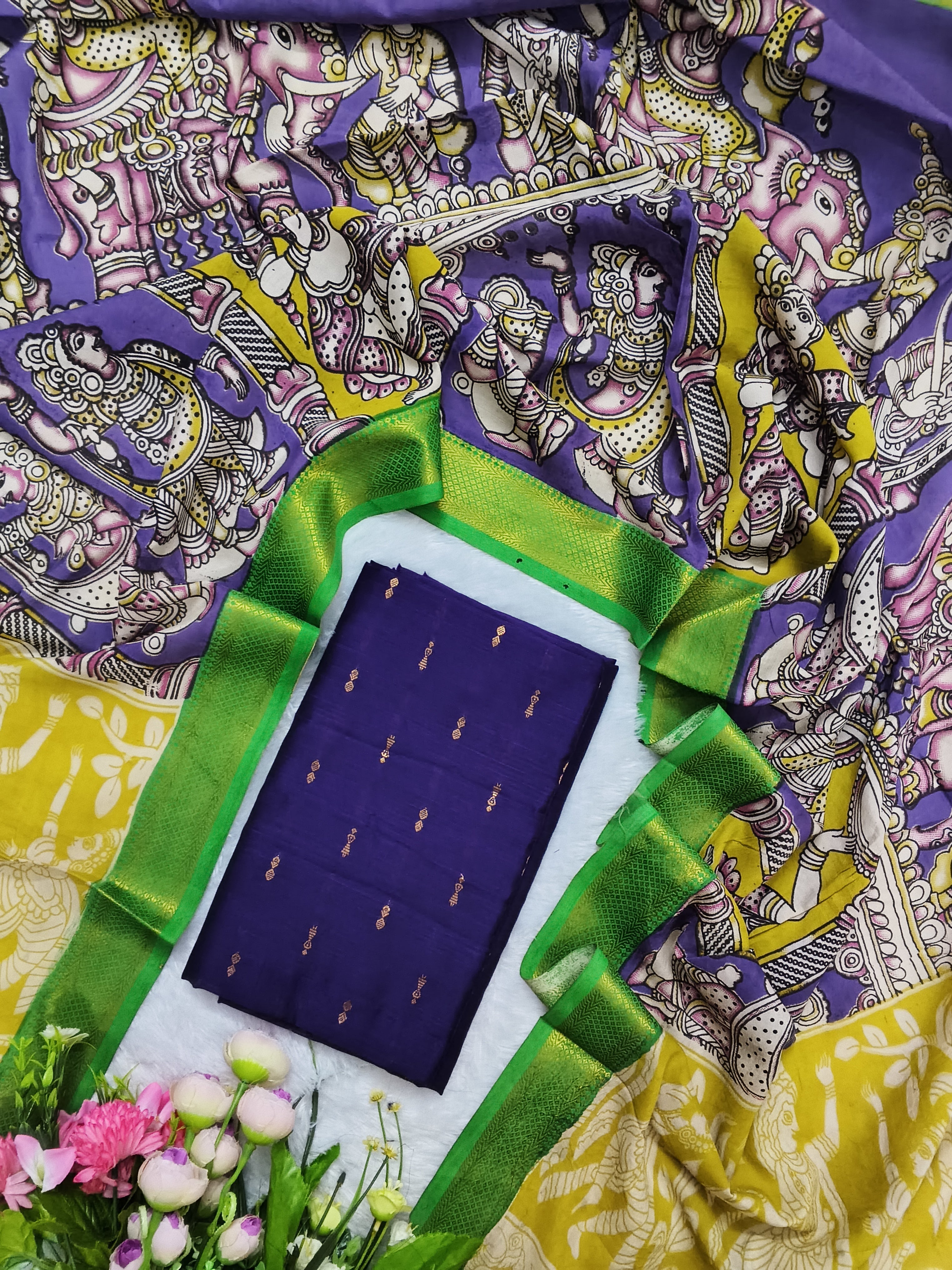 Purple & Green Chennuri Silk Nizam Border Dupatta with Raw Silk Top – 2-Piece Set